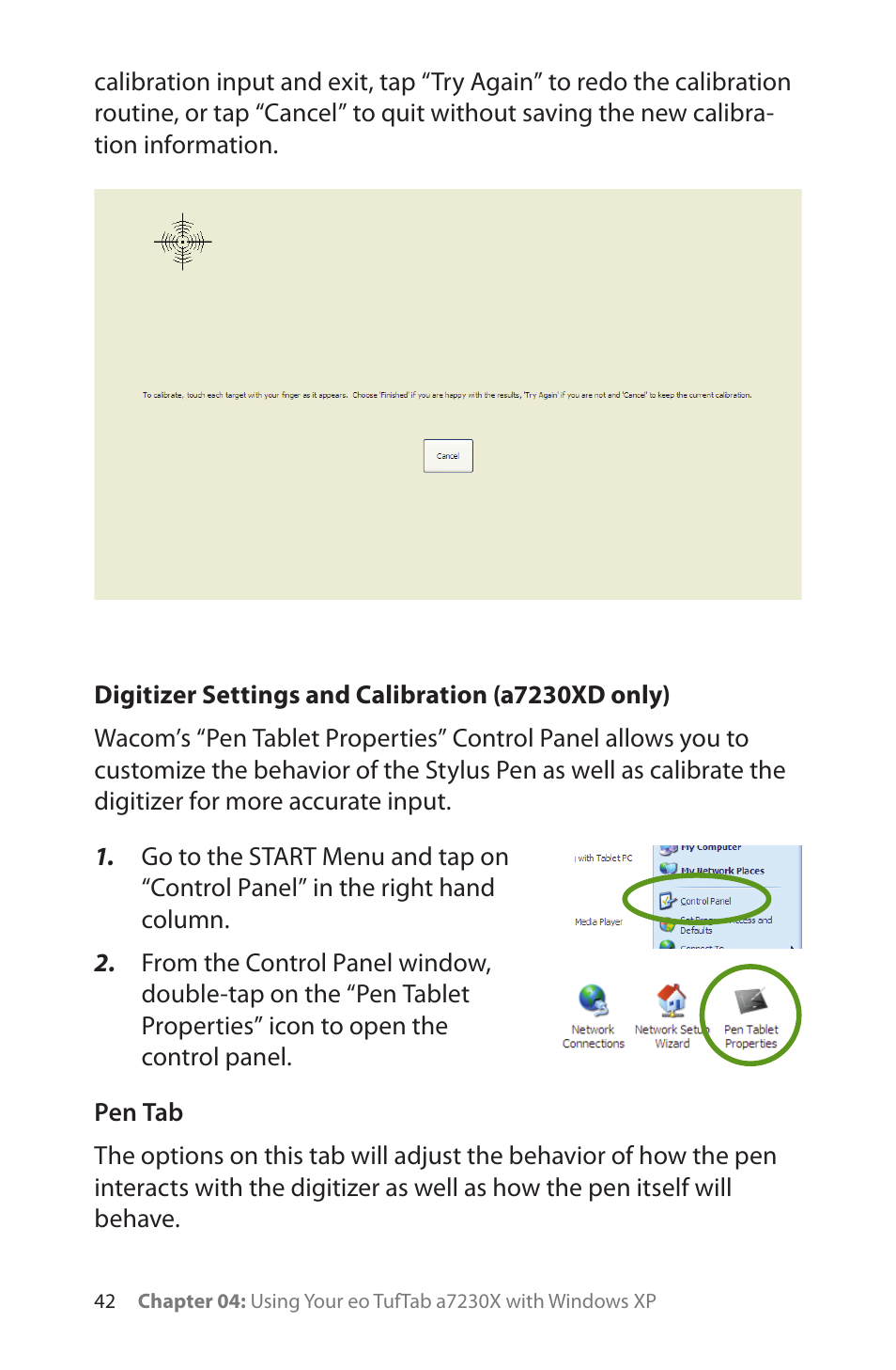 Digitizer settings and calibration (a7230xd only), Pen tab | TabletKiosk eo TufTab a7230X User Manual | Page 57 / 110