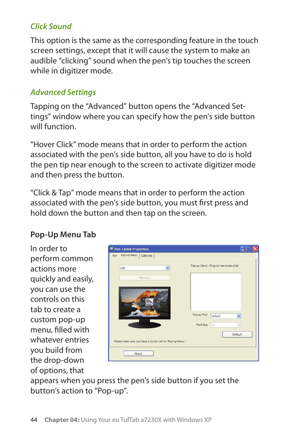 Click sound, Advanced settings, Pop-up menu tab | TabletKiosk eo TufTab a7230X User Manual | Page 59 / 110