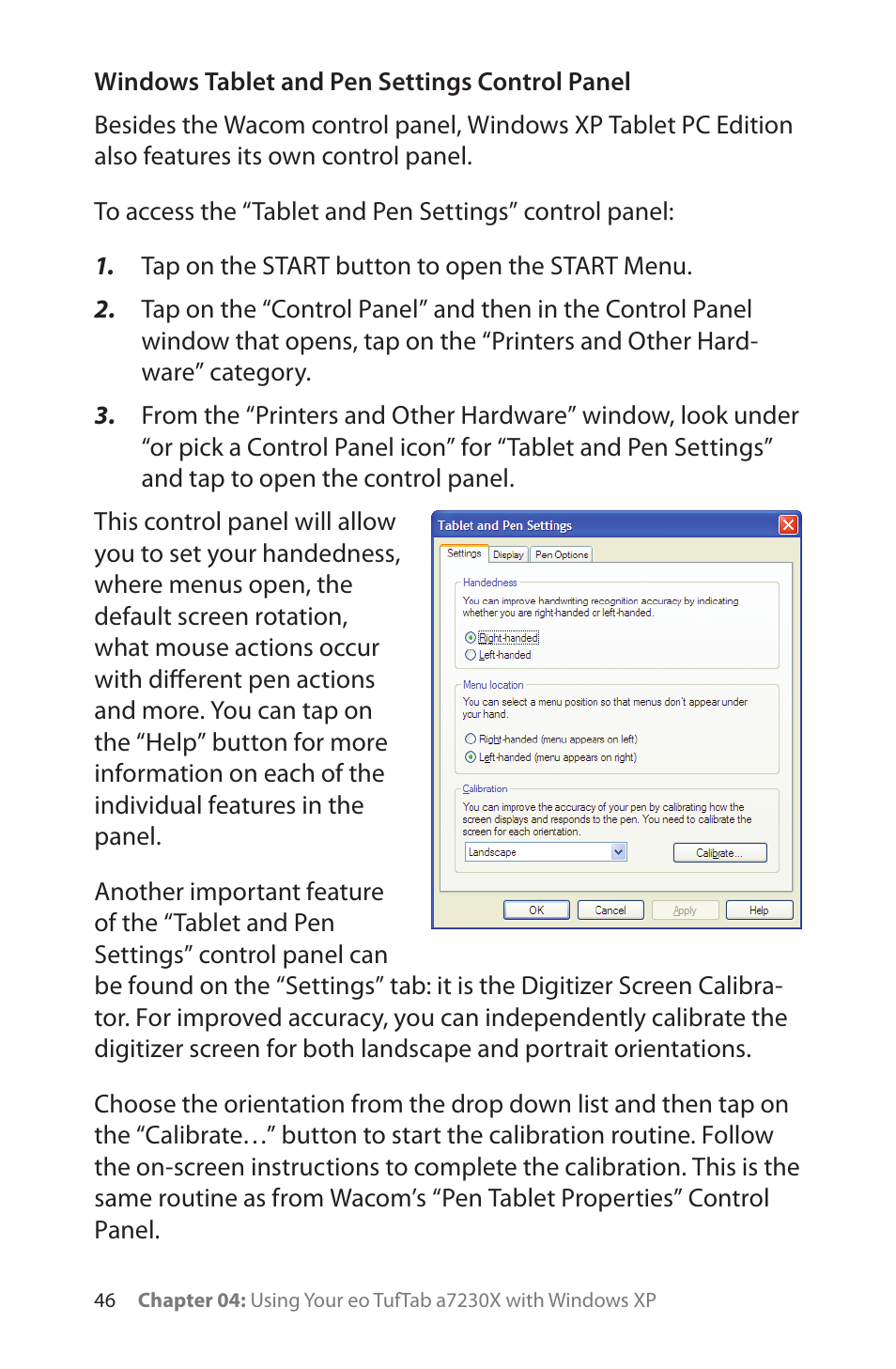 Windows tablet and pen settings control panel | TabletKiosk eo TufTab a7230X User Manual | Page 61 / 110