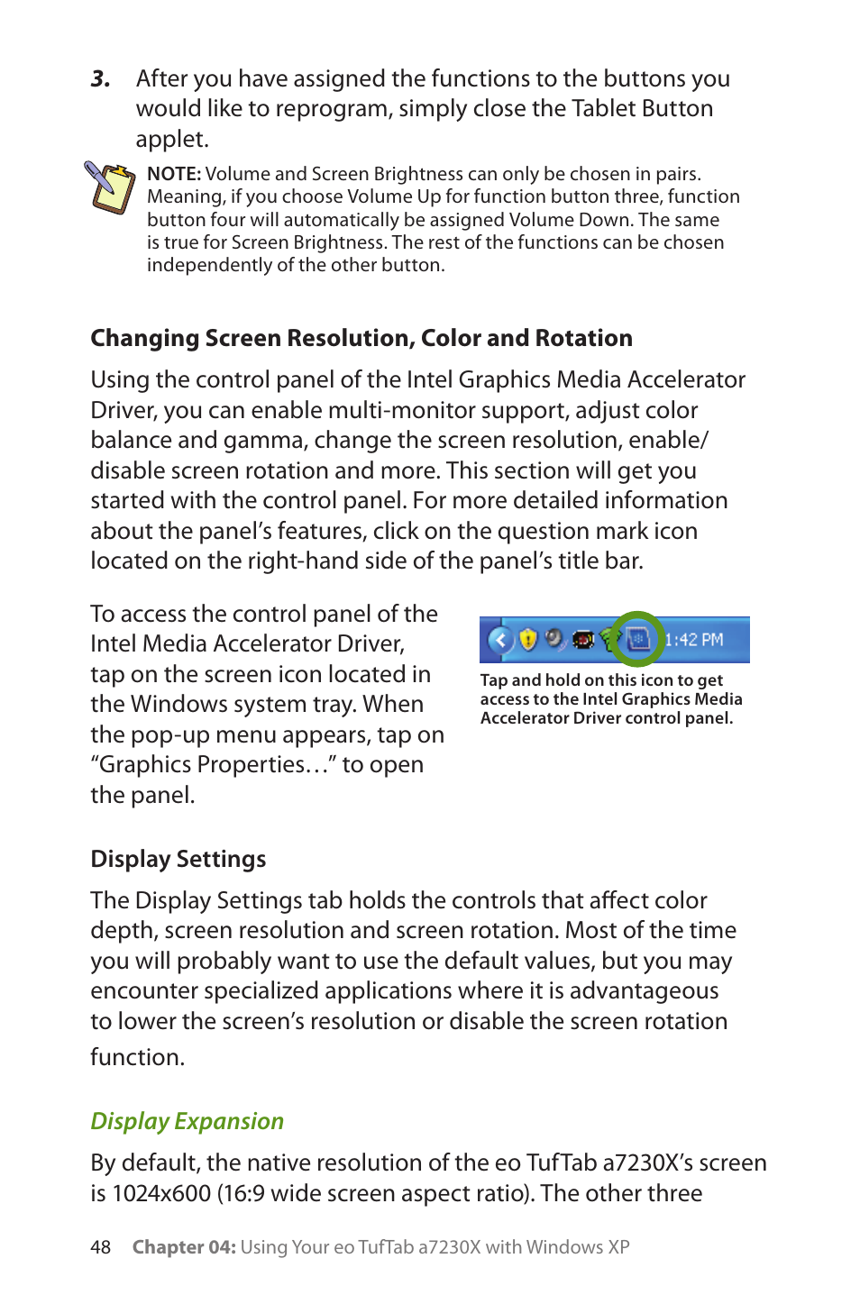 Changing screen resolution, color and rotation, Display settings, Display expansion | TabletKiosk eo TufTab a7230X User Manual | Page 63 / 110