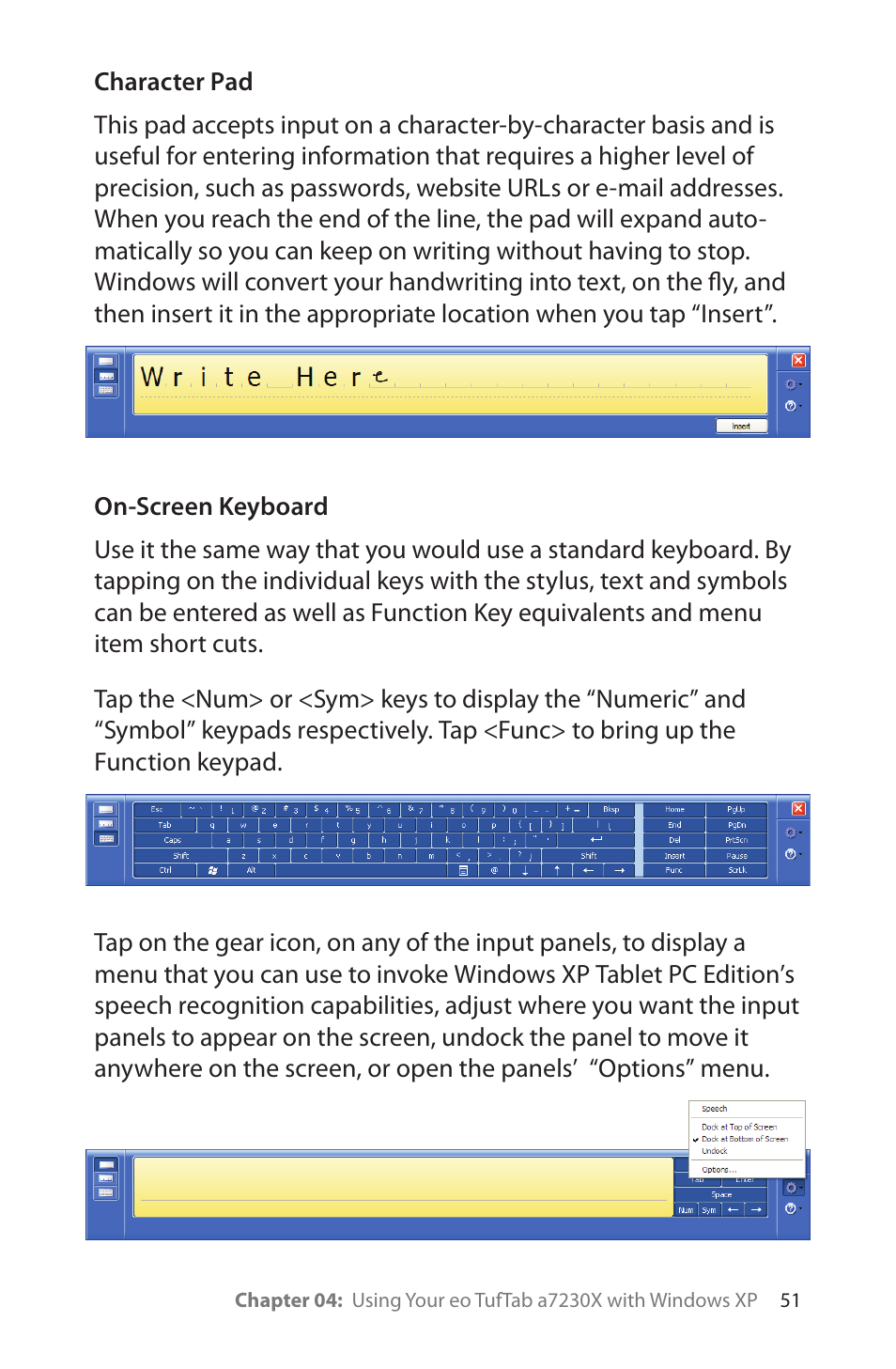 Character pad, On-screen keyboard | TabletKiosk eo TufTab a7230X User Manual | Page 66 / 110