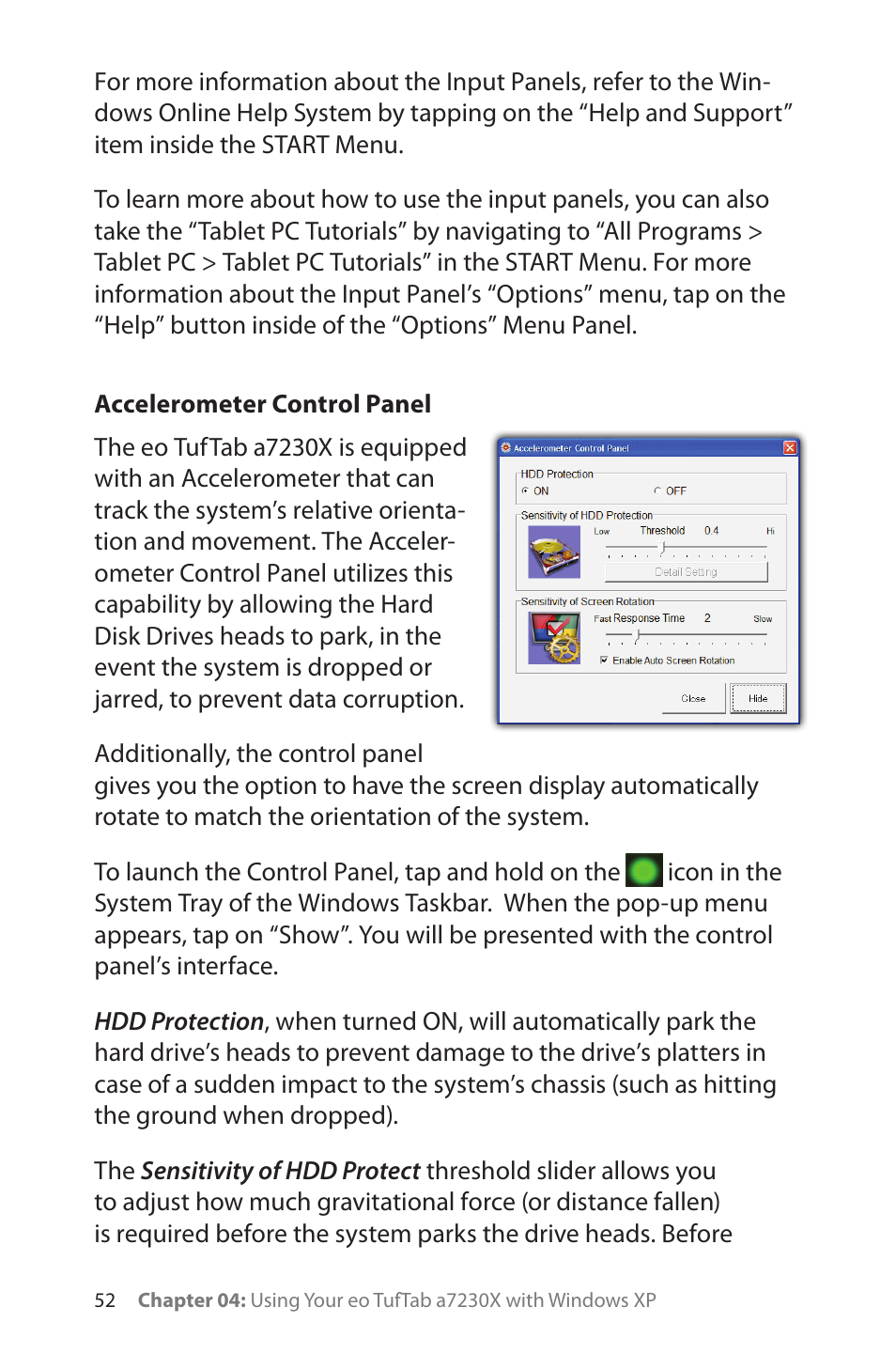 Accelerometer control panel | TabletKiosk eo TufTab a7230X User Manual | Page 67 / 110