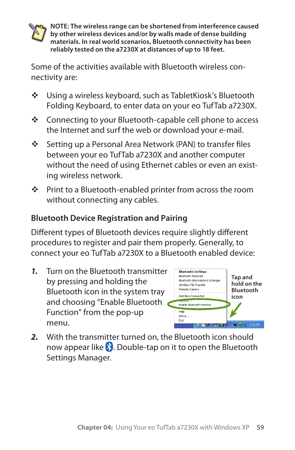 Bluetooth device registration and pairing | TabletKiosk eo TufTab a7230X User Manual | Page 74 / 110