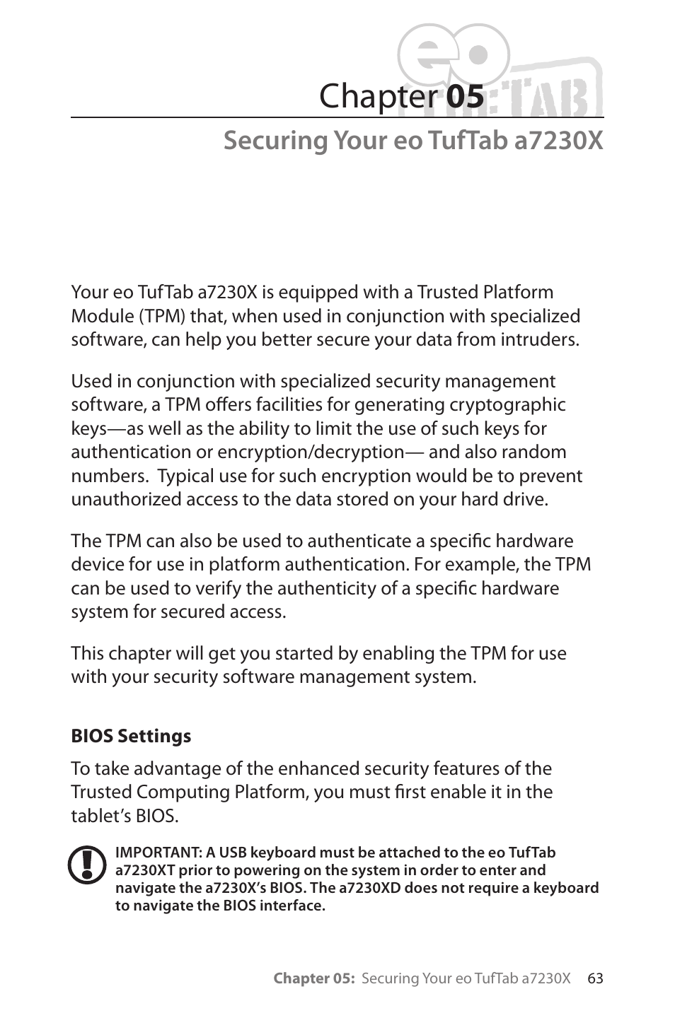 Securing your eo tuftab a7230x, Bios settings, Securingyoureotuftaba7230x | Chapter 05 | TabletKiosk eo TufTab a7230X User Manual | Page 78 / 110