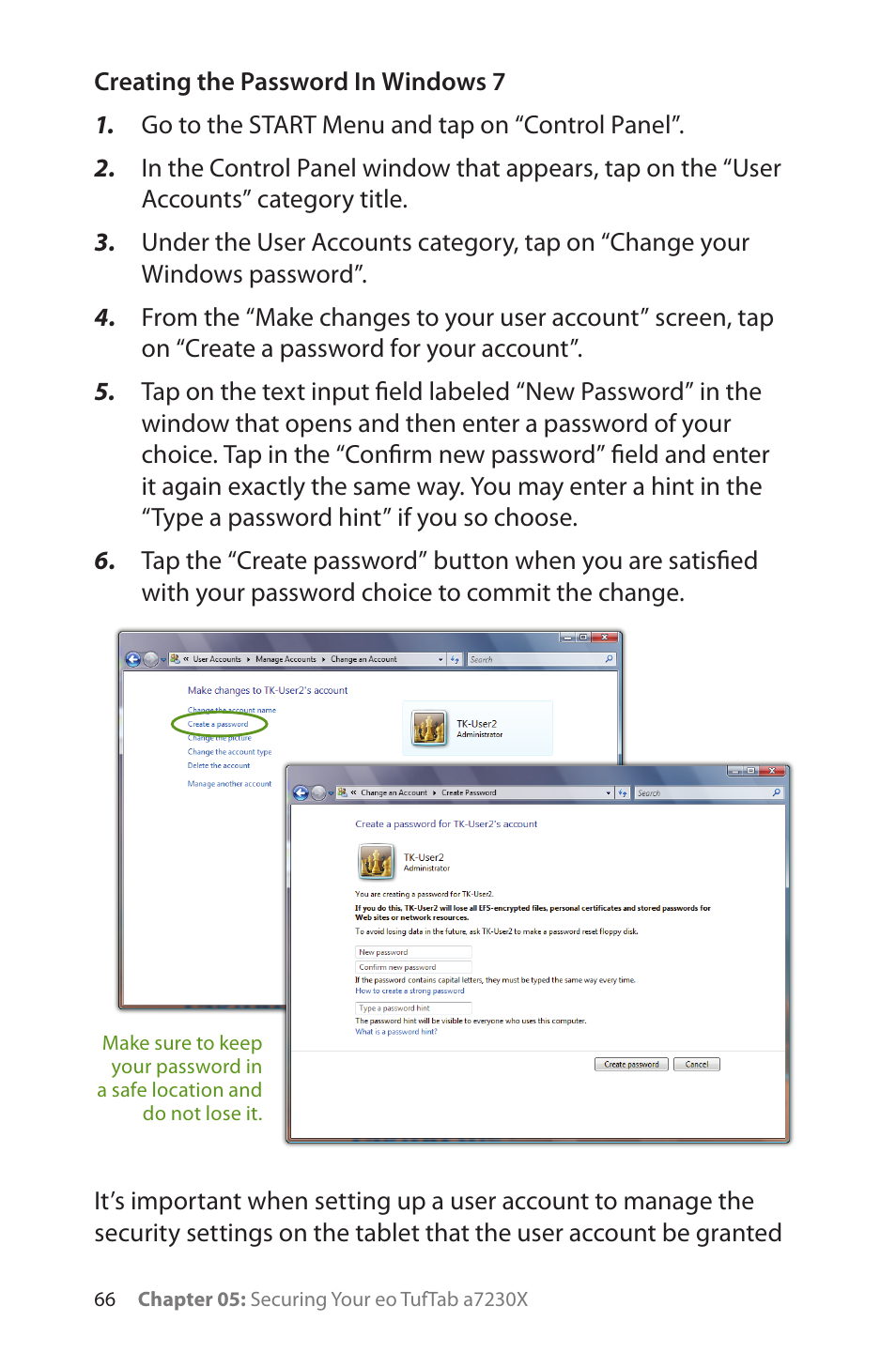 Creating the password in windows 7 | TabletKiosk eo TufTab a7230X User Manual | Page 81 / 110