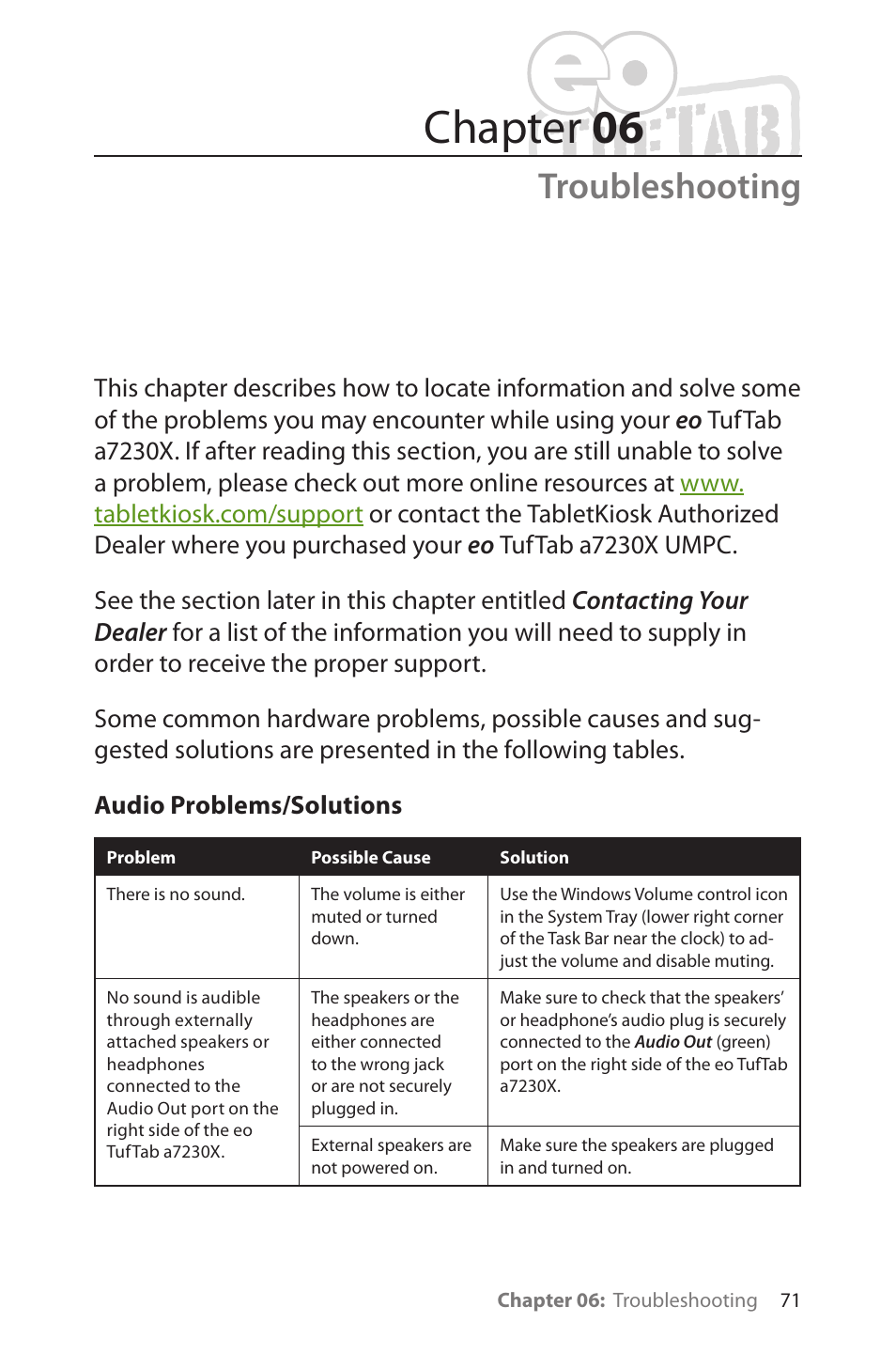 Troubleshooting, Chapter 06 | TabletKiosk eo TufTab a7230X User Manual | Page 86 / 110