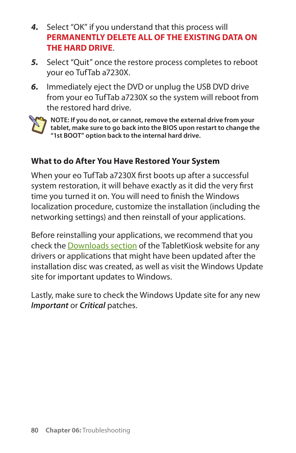 What to do after you have restored your system | TabletKiosk eo TufTab a7230X User Manual | Page 95 / 110