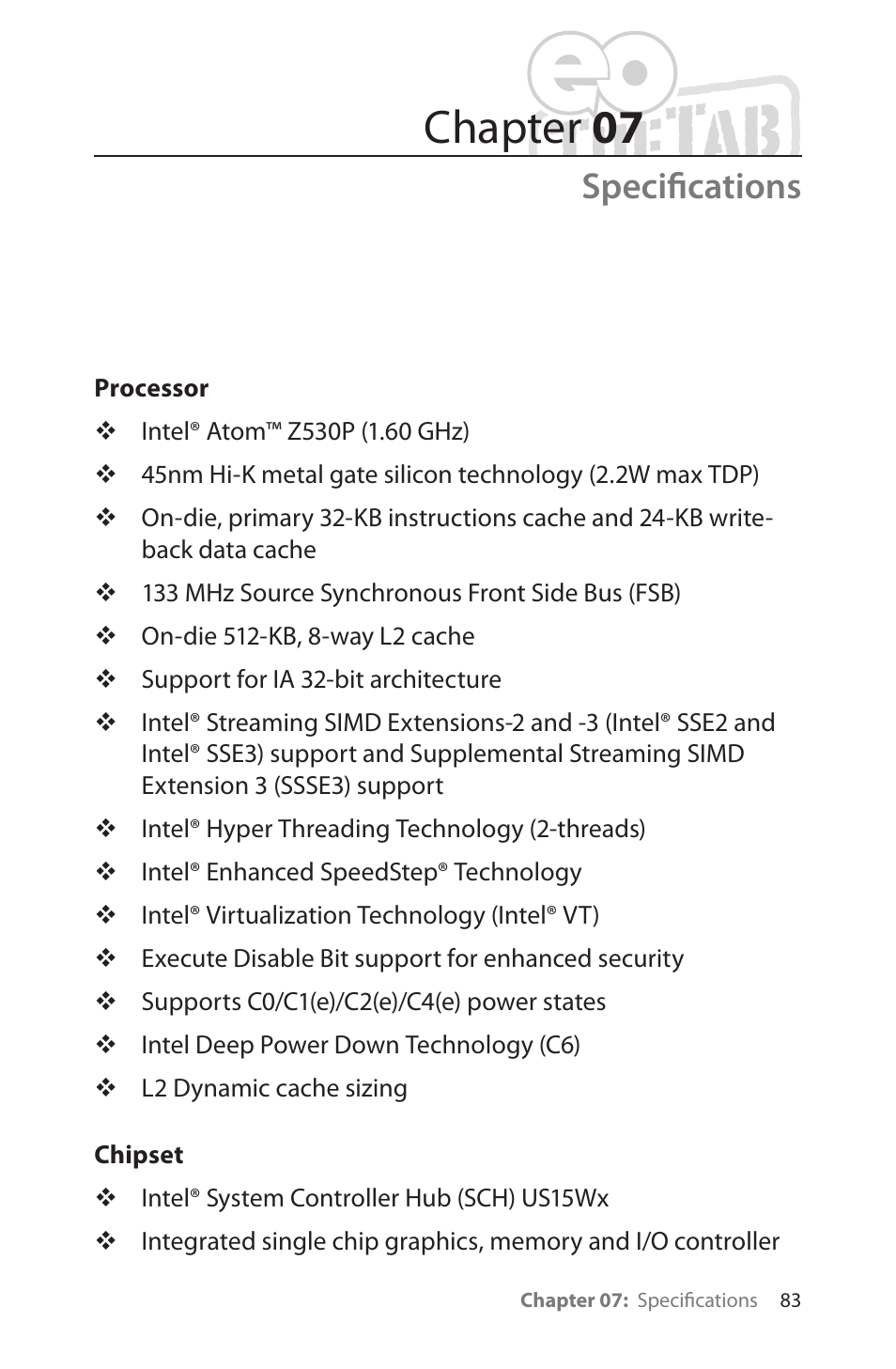 Specifications, Processor, Chipset | Processor / chipset, Chapter 07 | TabletKiosk eo TufTab a7230X User Manual | Page 98 / 110