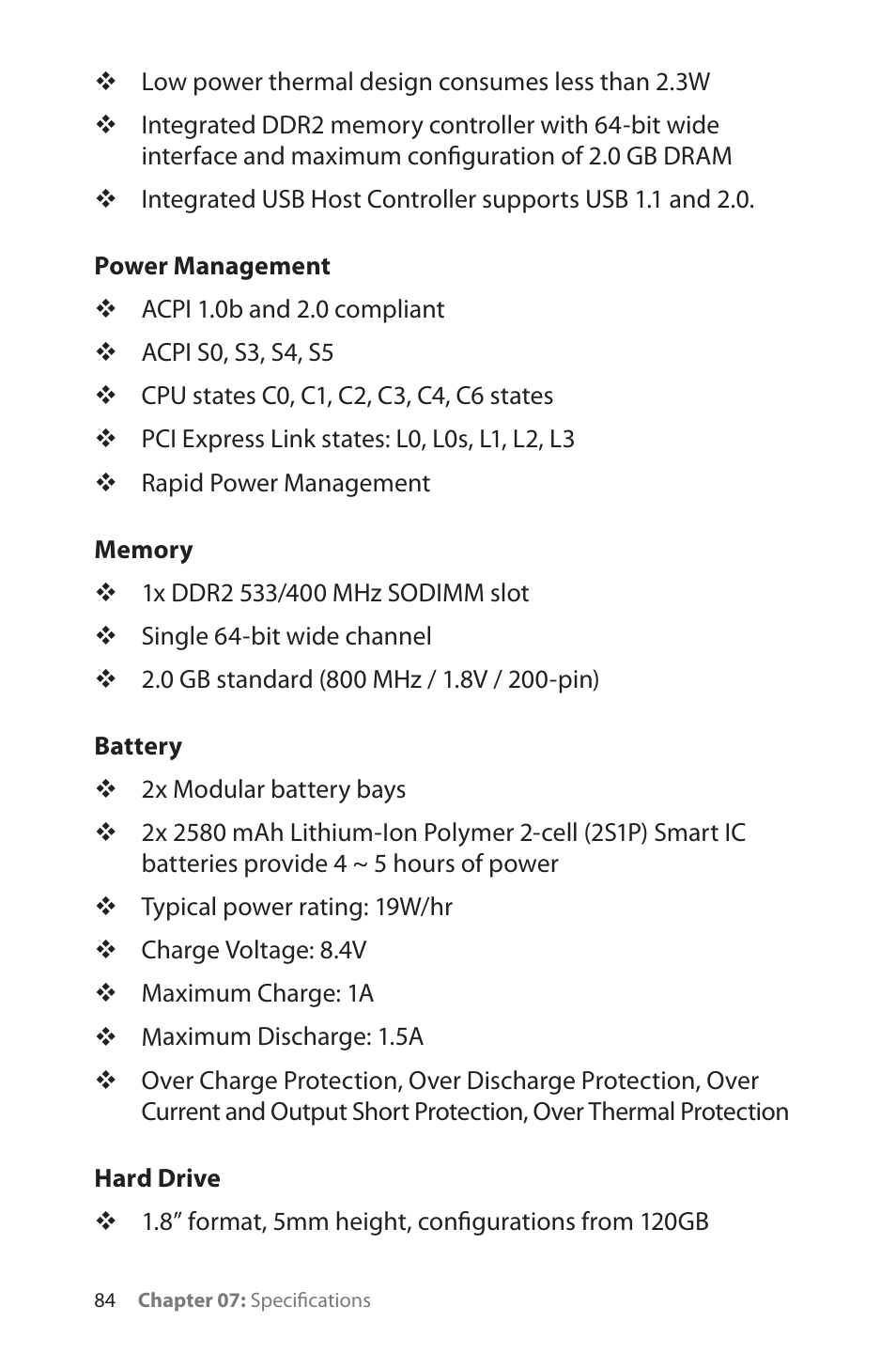 Power management, Memory, Battery | Hard drive, Power management / memory / battery / hard drive | TabletKiosk eo TufTab a7230X User Manual | Page 99 / 110