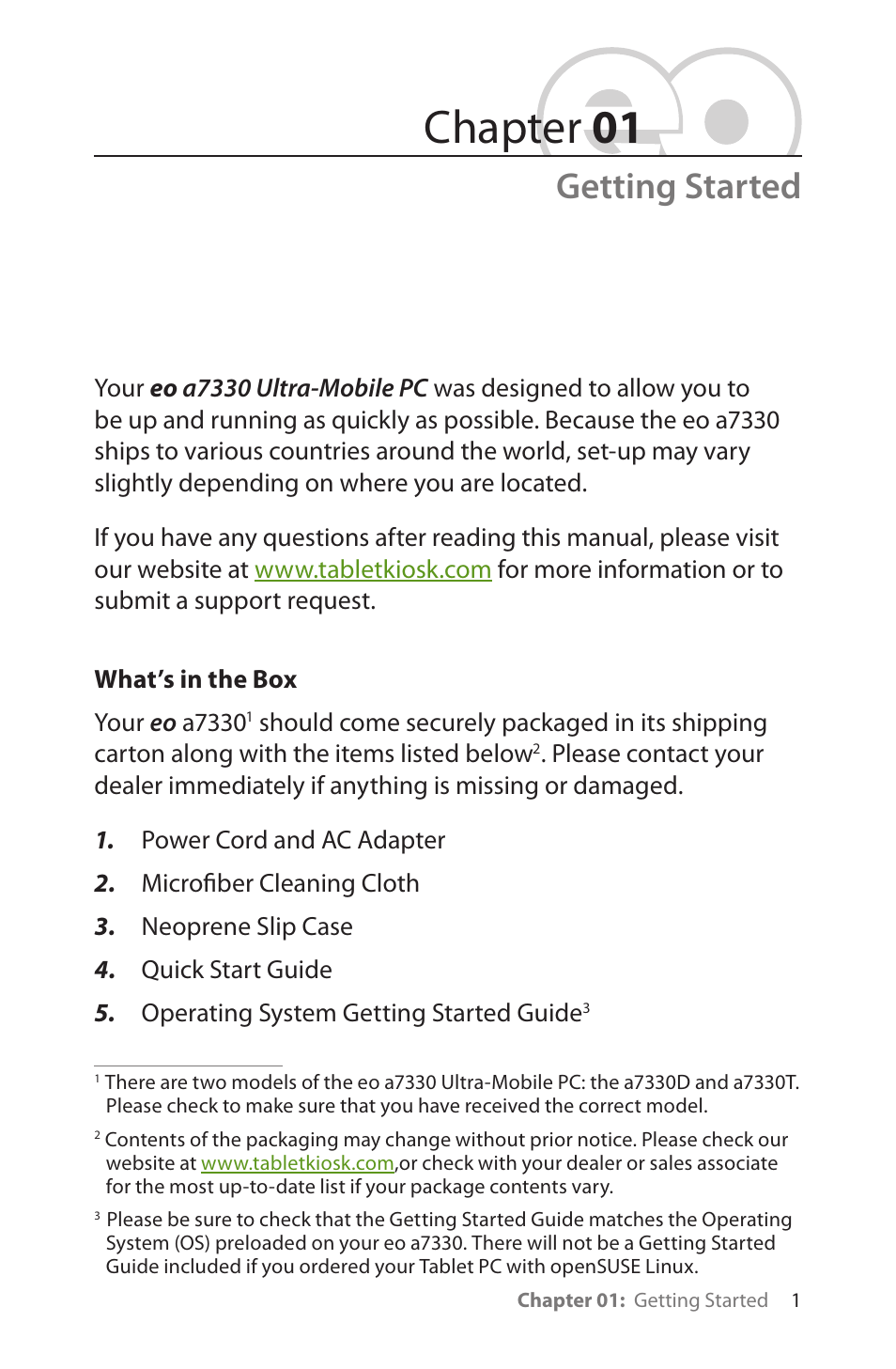 Getting started, What’s in the box, Chapter 01 | TabletKiosk eo a7330 Ultra-Mobile User Manual | Page 16 / 96