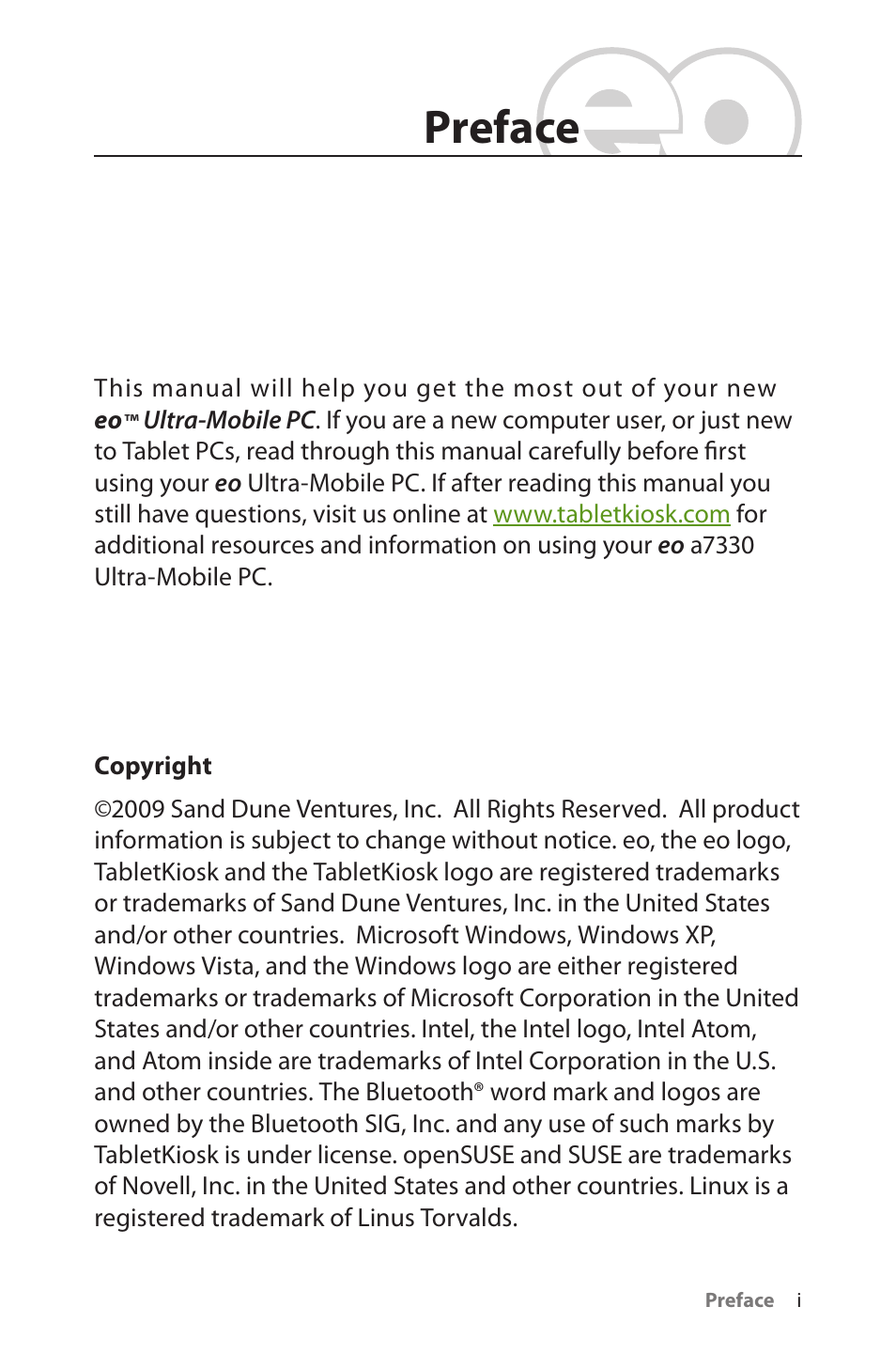 Preface, Copyright | TabletKiosk eo a7330 Ultra-Mobile User Manual | Page 2 / 96