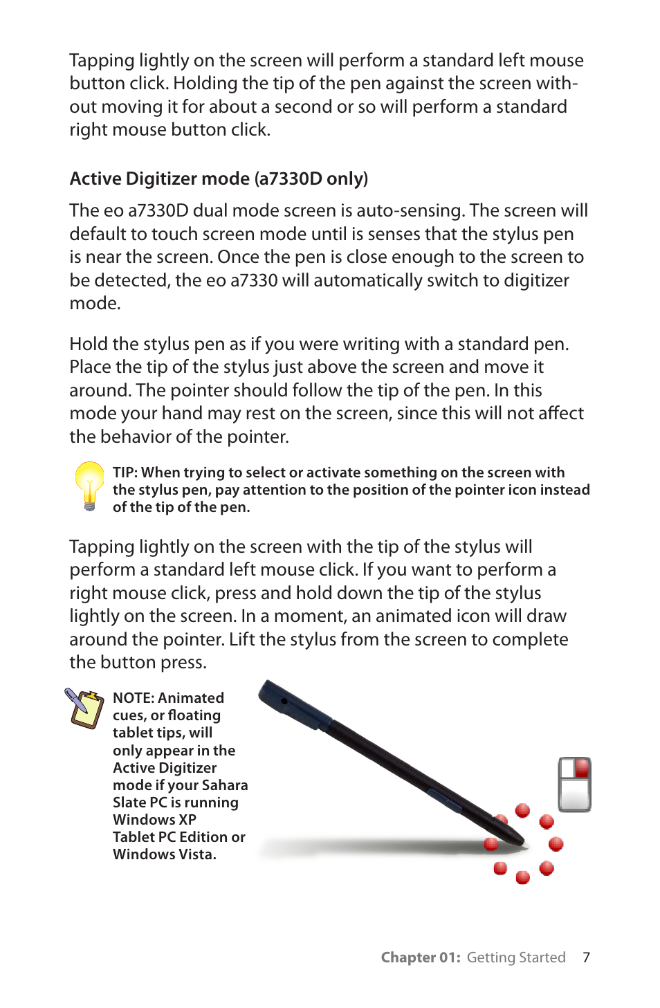 Active digitizer mode (a7330d only) | TabletKiosk eo a7330 Ultra-Mobile User Manual | Page 22 / 96