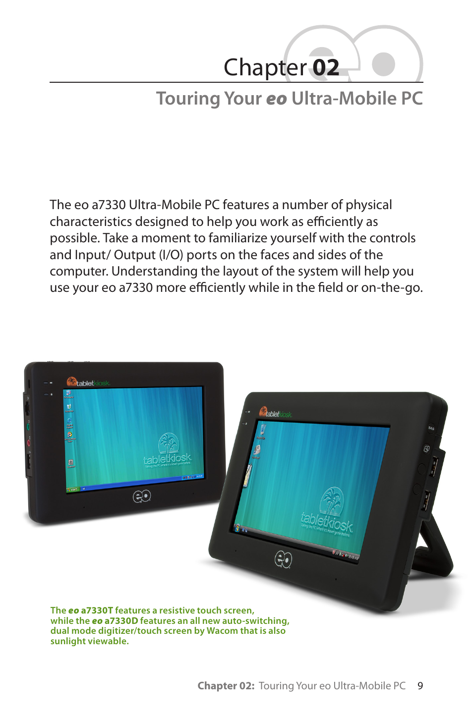 Touring your eo ultra-mobile pc, Chapter 02 | TabletKiosk eo a7330 Ultra-Mobile User Manual | Page 24 / 96