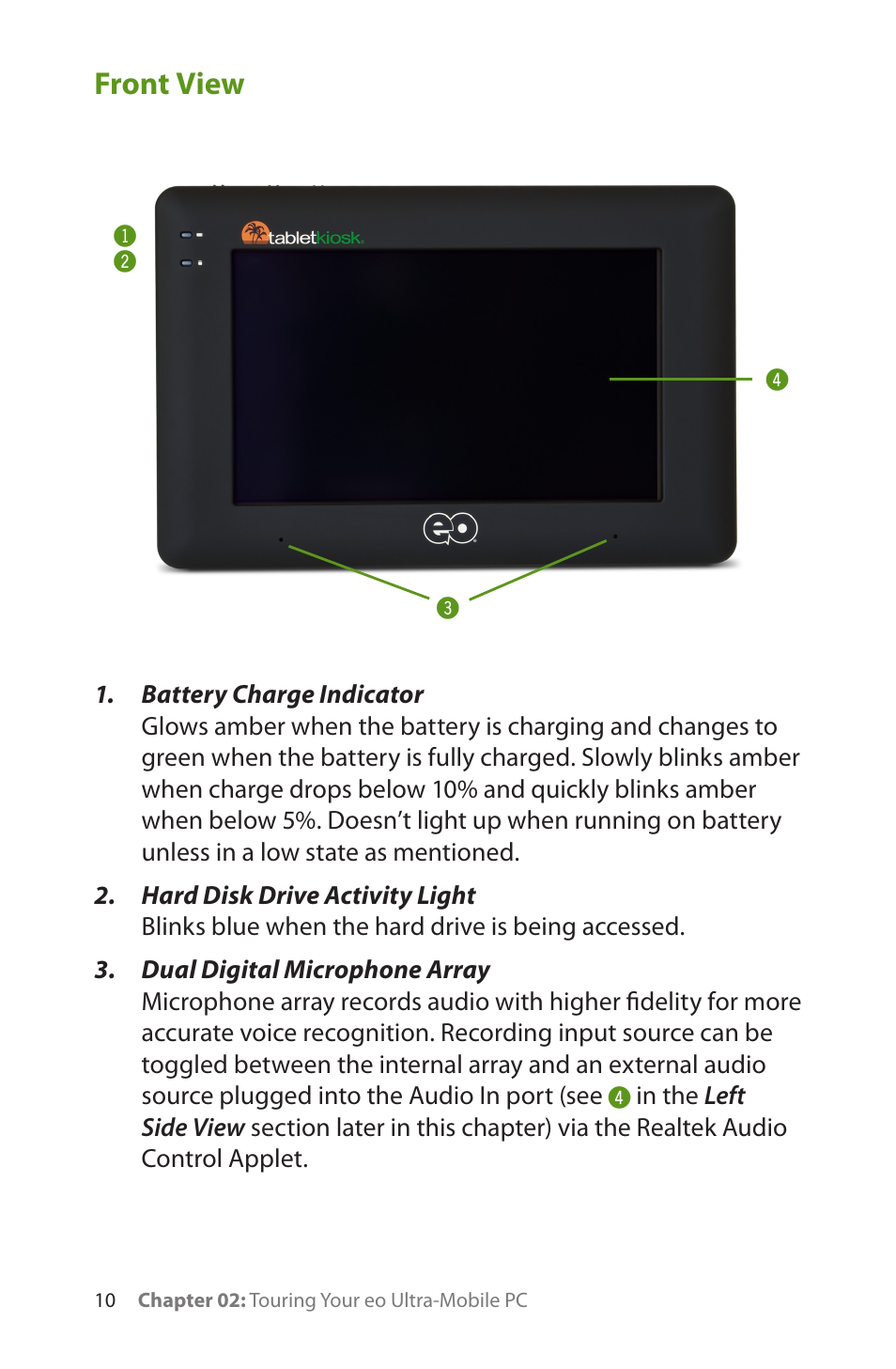 Front view | TabletKiosk eo a7330 Ultra-Mobile User Manual | Page 25 / 96