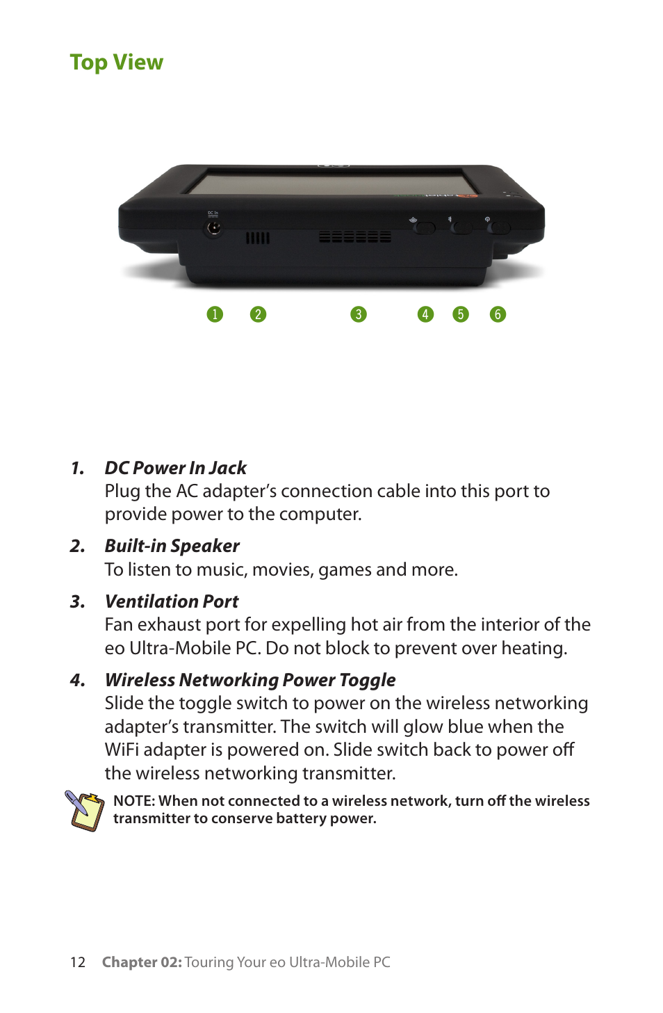 Top view | TabletKiosk eo a7330 Ultra-Mobile User Manual | Page 27 / 96