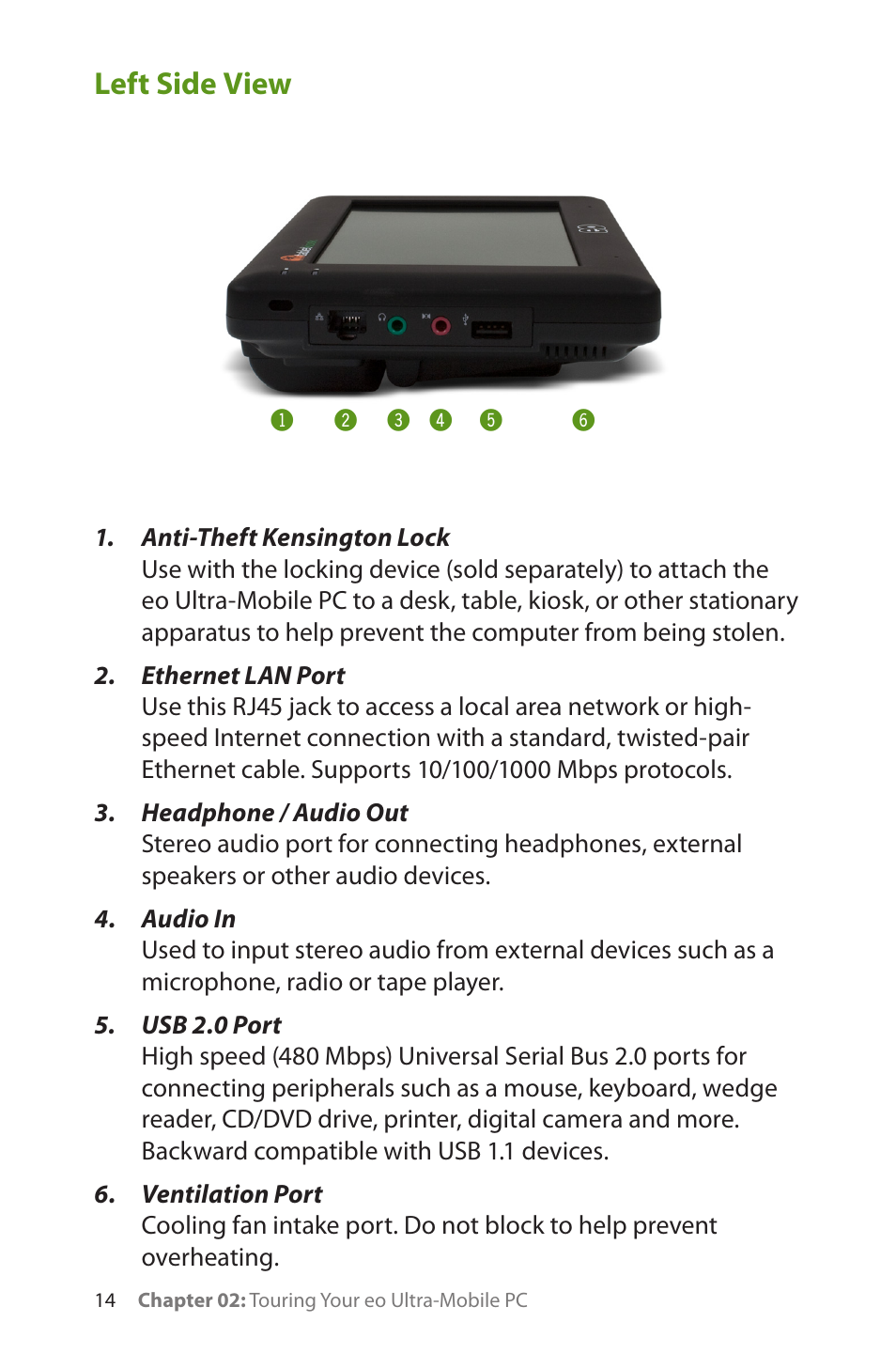 Left side view | TabletKiosk eo a7330 Ultra-Mobile User Manual | Page 29 / 96