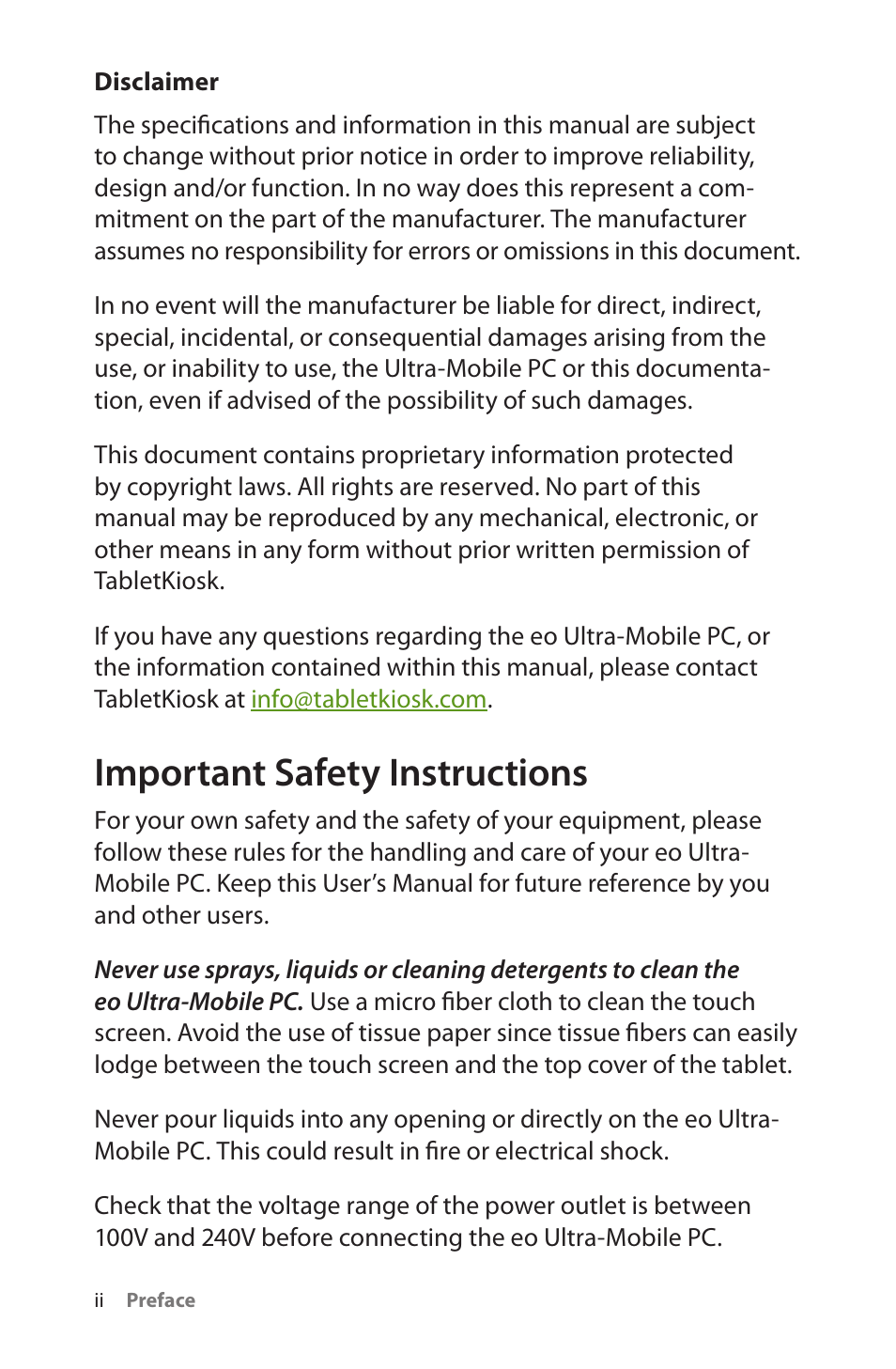 Disclaimer, Important safety instructions | TabletKiosk eo a7330 Ultra-Mobile User Manual | Page 3 / 96