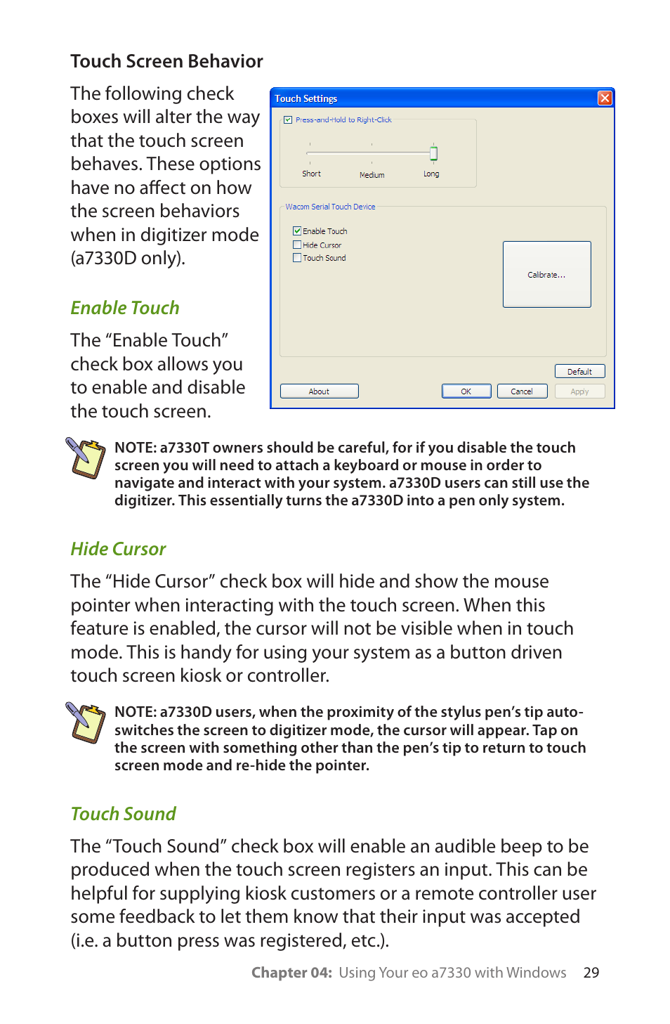 Touch screen behavior, Enable touch, Hide cursor | Touch sound | TabletKiosk eo a7330 Ultra-Mobile User Manual | Page 44 / 96
