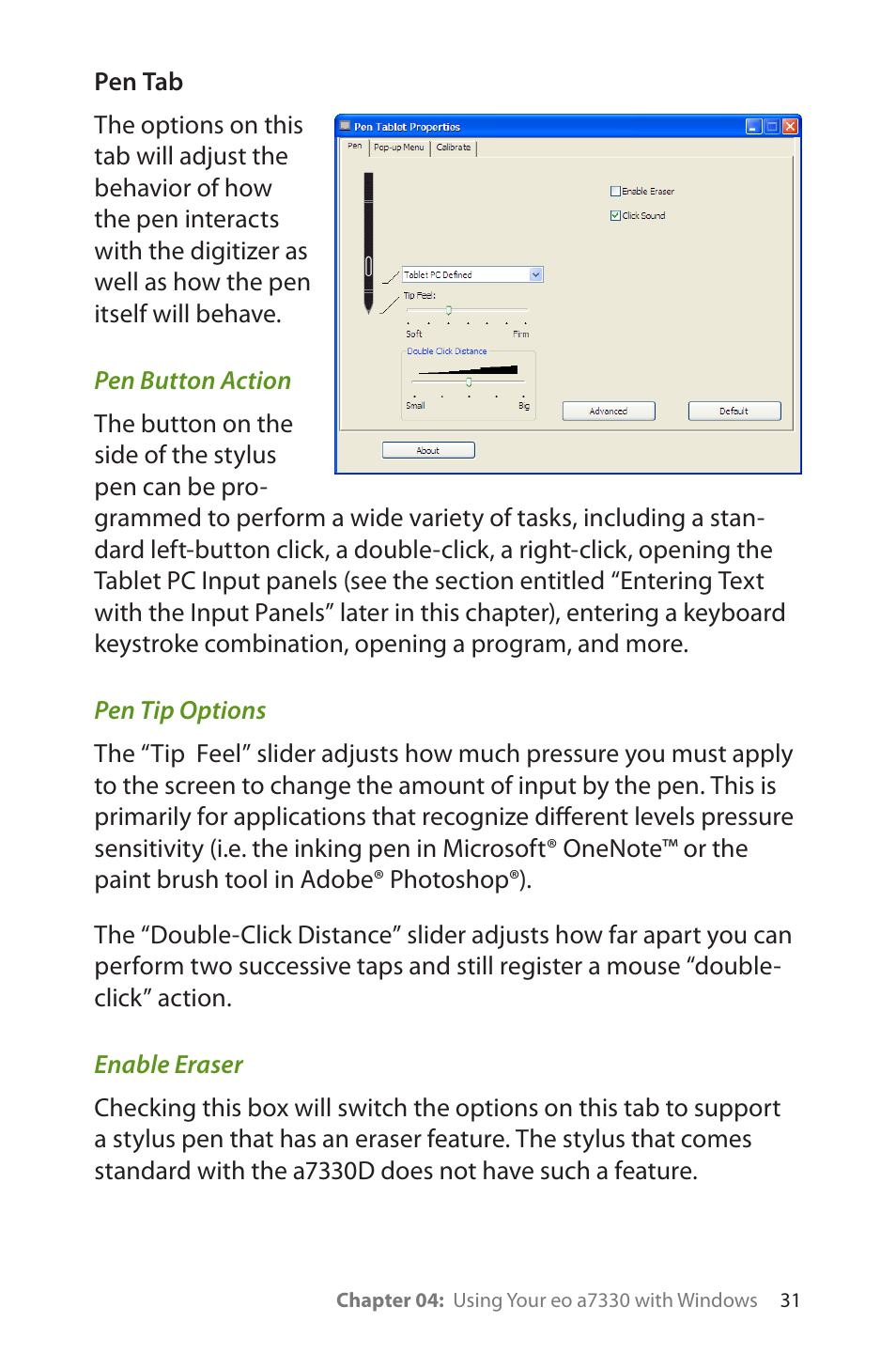 Pen tab, Pen button action, Pen tip options | Enable eraser | TabletKiosk eo a7330 Ultra-Mobile User Manual | Page 46 / 96