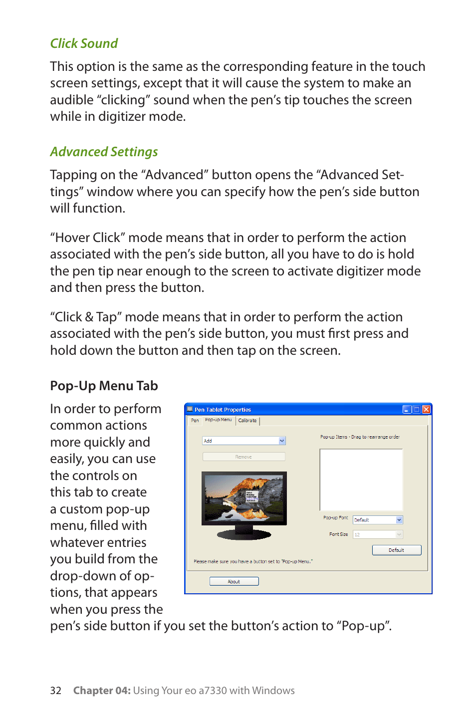 Click sound, Advanced settings, Pop-up menu tab | TabletKiosk eo a7330 Ultra-Mobile User Manual | Page 47 / 96