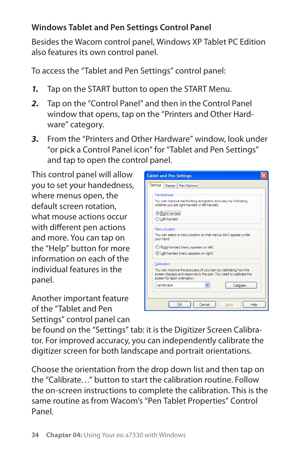 Windows tablet and pen settings control panel | TabletKiosk eo a7330 Ultra-Mobile User Manual | Page 49 / 96