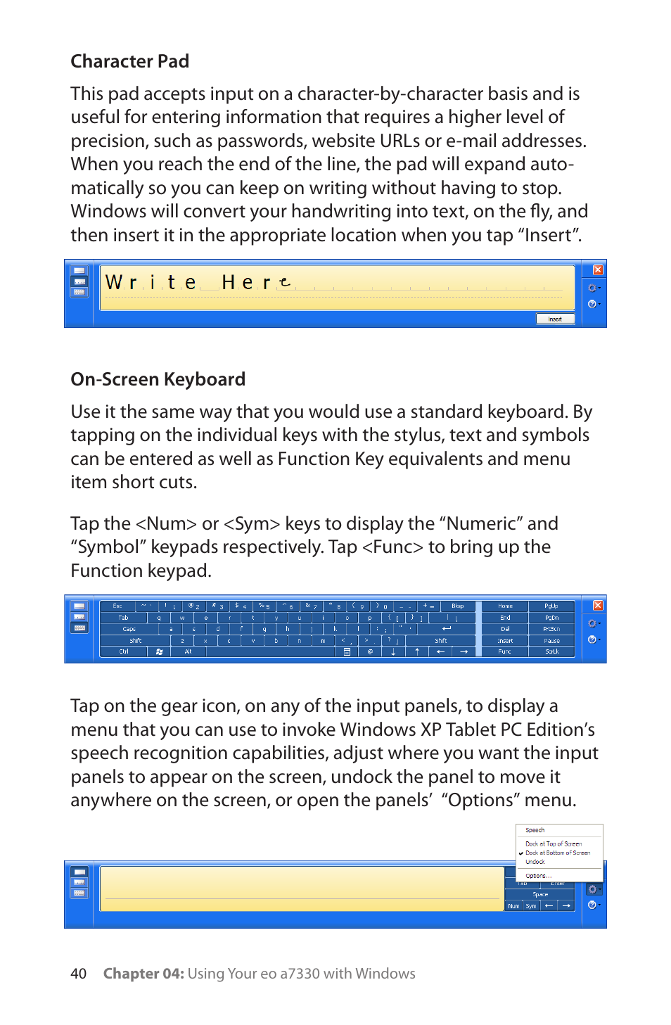 Character pad, On-screen keyboard | TabletKiosk eo a7330 Ultra-Mobile User Manual | Page 55 / 96
