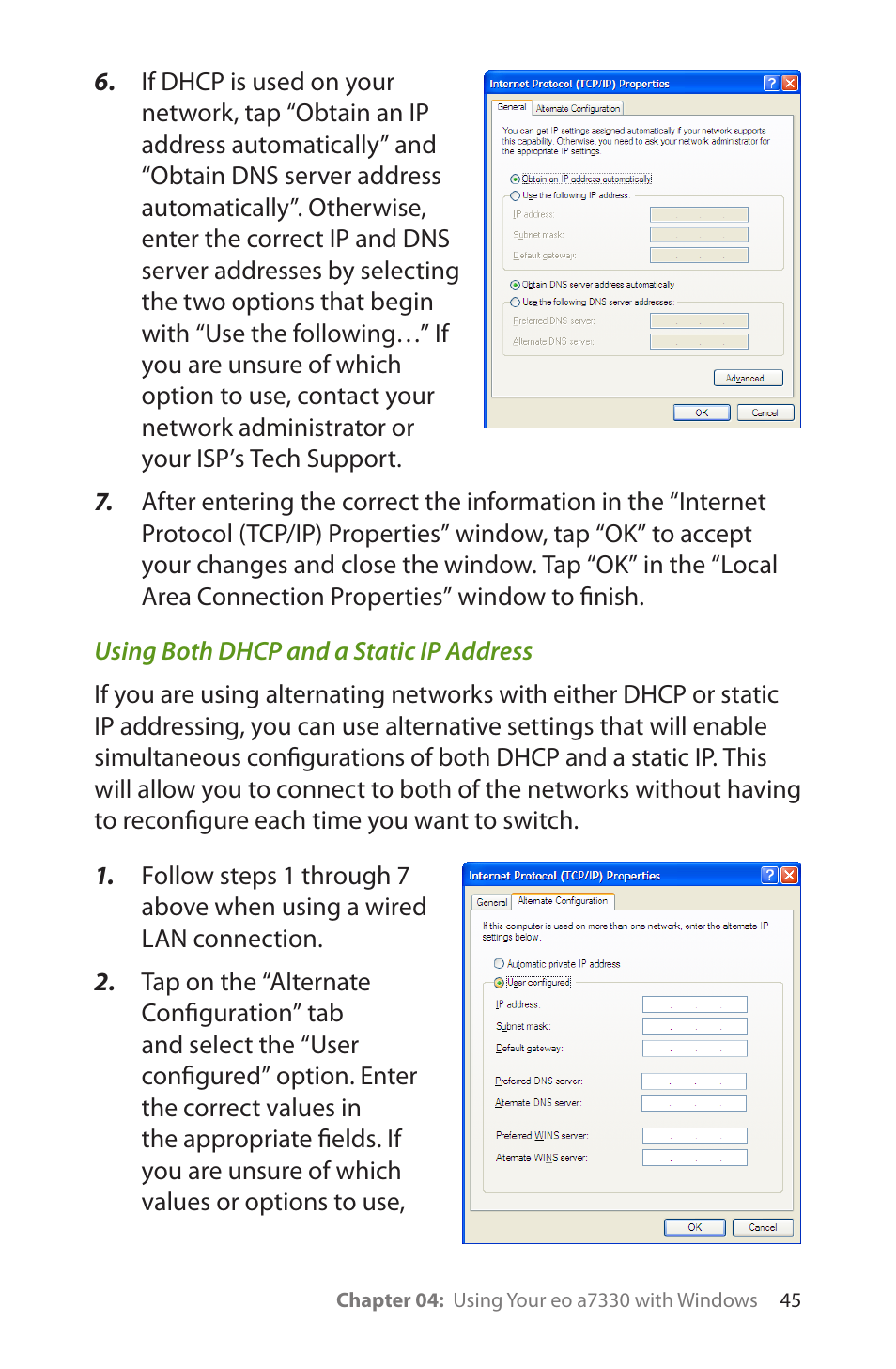 Using both dhcp and a static ip address | TabletKiosk eo a7330 Ultra-Mobile User Manual | Page 60 / 96