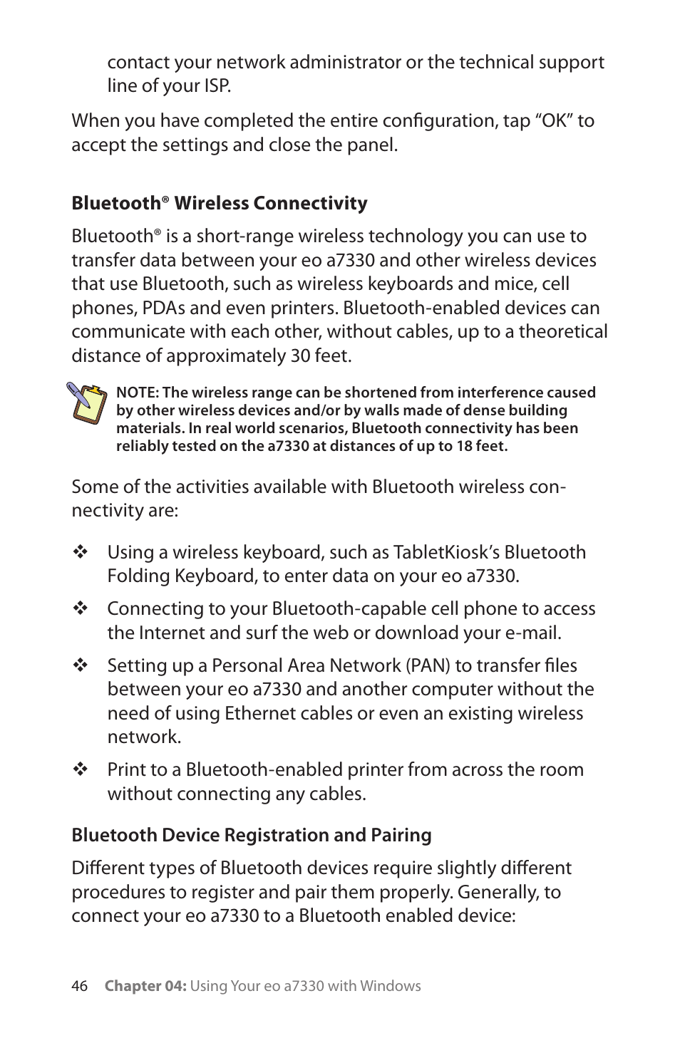 Bluetooth® wireless connectivity, Bluetooth device registration and pairing | TabletKiosk eo a7330 Ultra-Mobile User Manual | Page 61 / 96