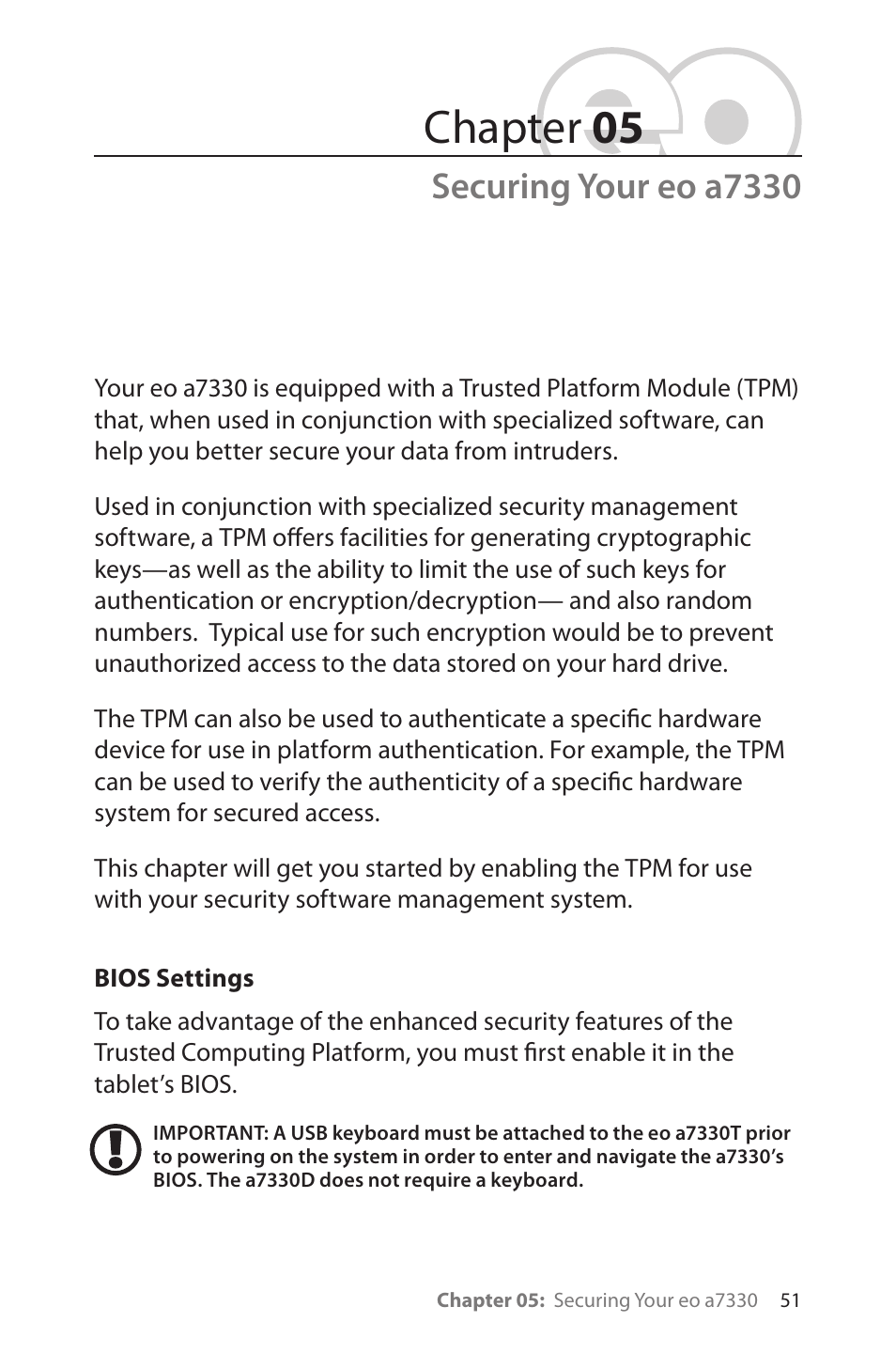 Securing your eo a7330, Bios settings, Chapter 05 | TabletKiosk eo a7330 Ultra-Mobile User Manual | Page 66 / 96