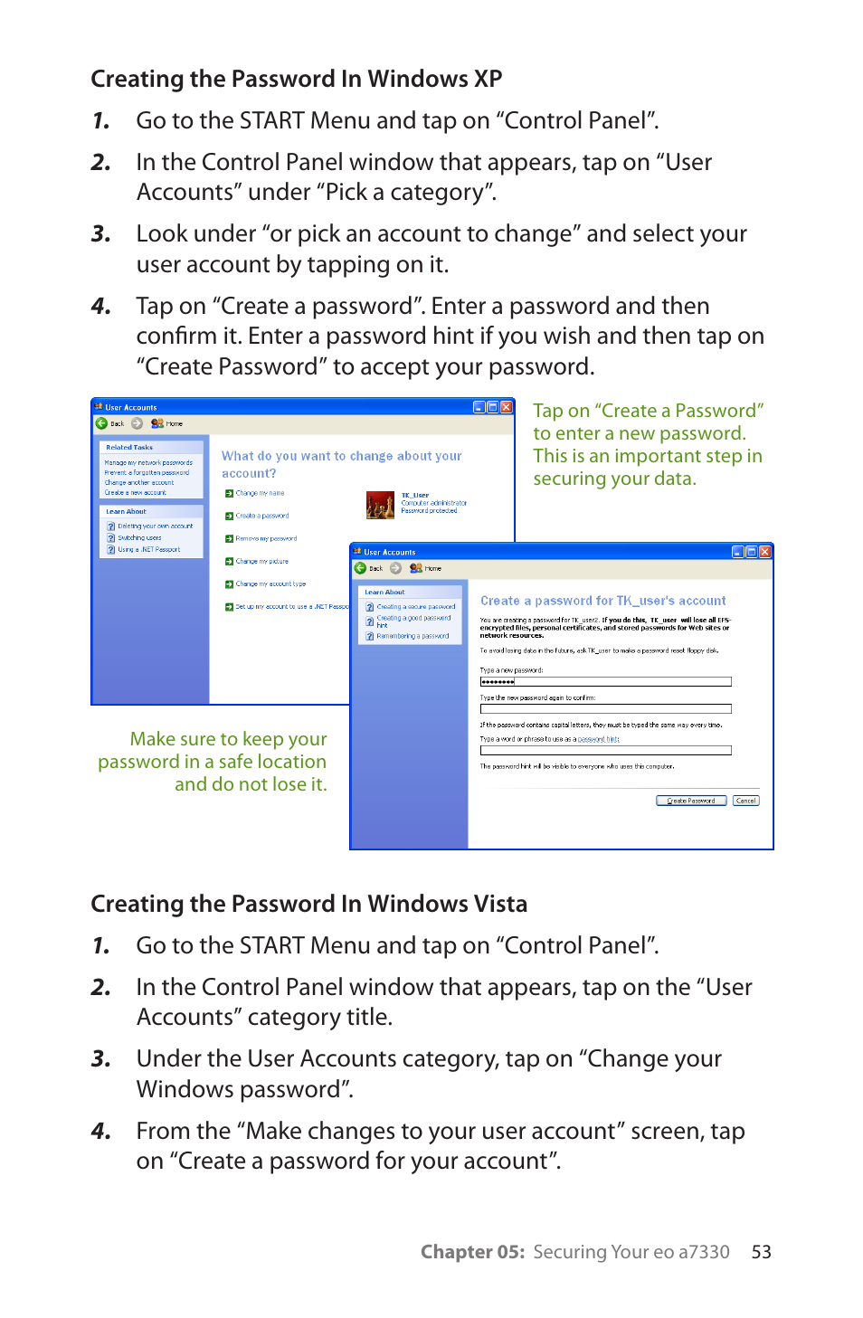 Creating the password in windows xp, Creating the password in windows vista | TabletKiosk eo a7330 Ultra-Mobile User Manual | Page 68 / 96