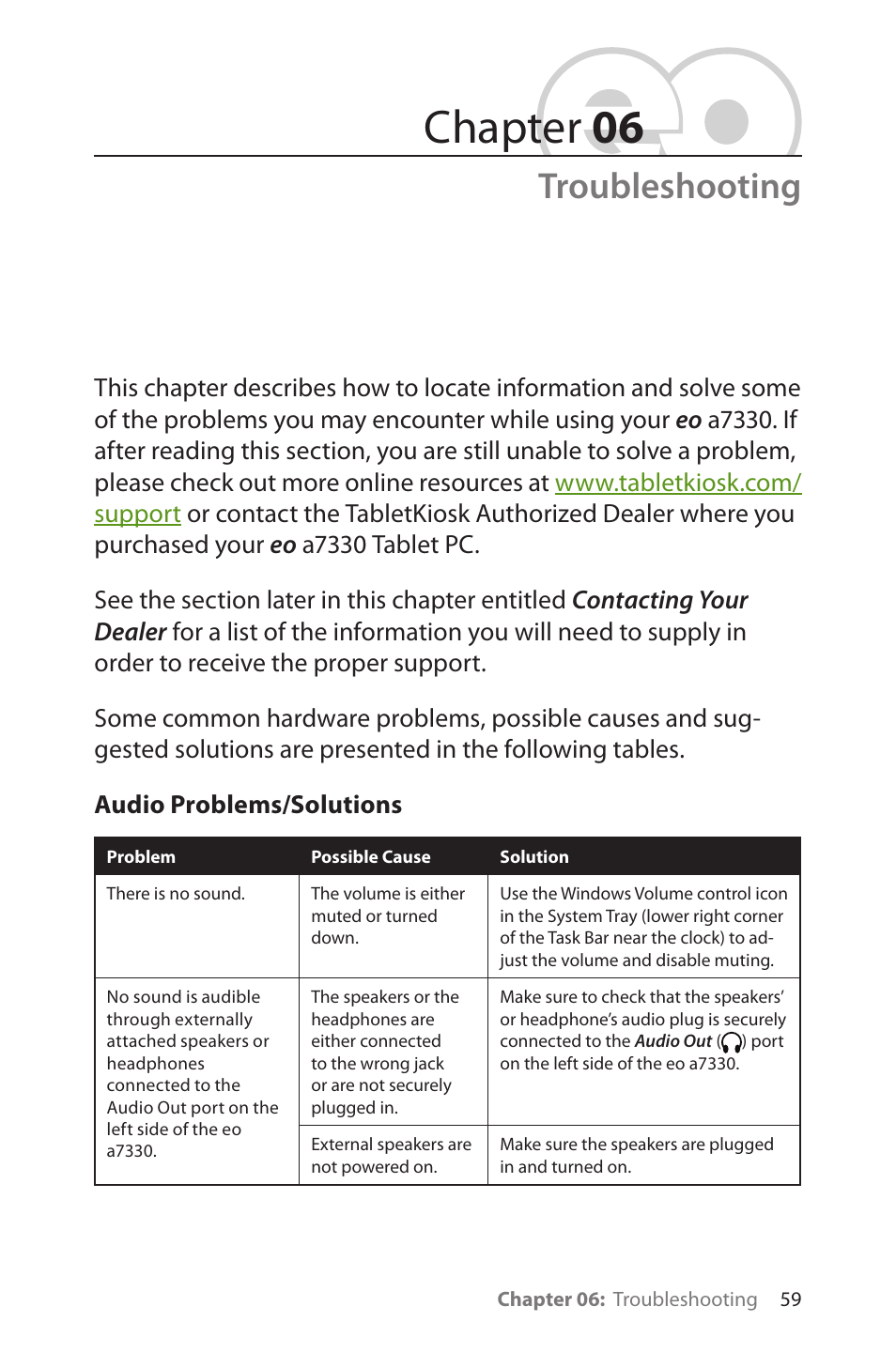 Troubleshooting, Chapter 06 | TabletKiosk eo a7330 Ultra-Mobile User Manual | Page 74 / 96