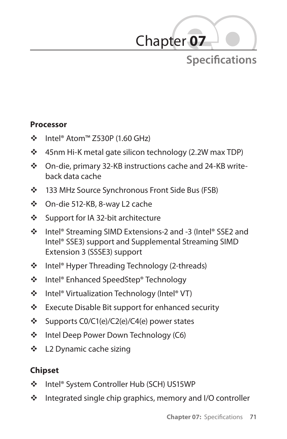 Specifications, Processor, Chipset | Chapter 07 | TabletKiosk eo a7330 Ultra-Mobile User Manual | Page 86 / 96