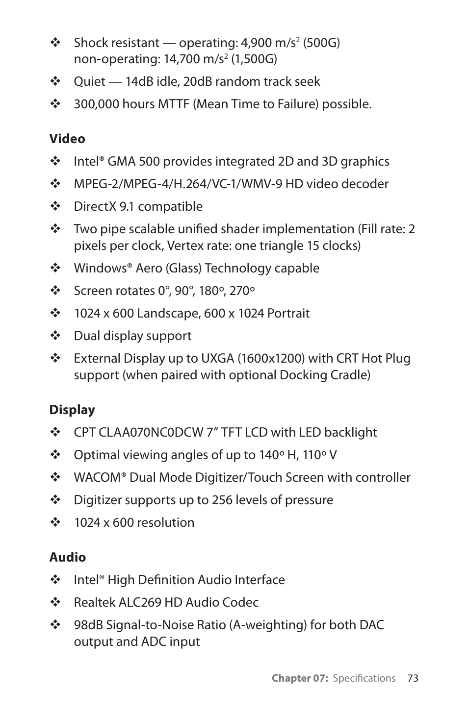 Video, Display, Audio | TabletKiosk eo a7330 Ultra-Mobile User Manual | Page 88 / 96