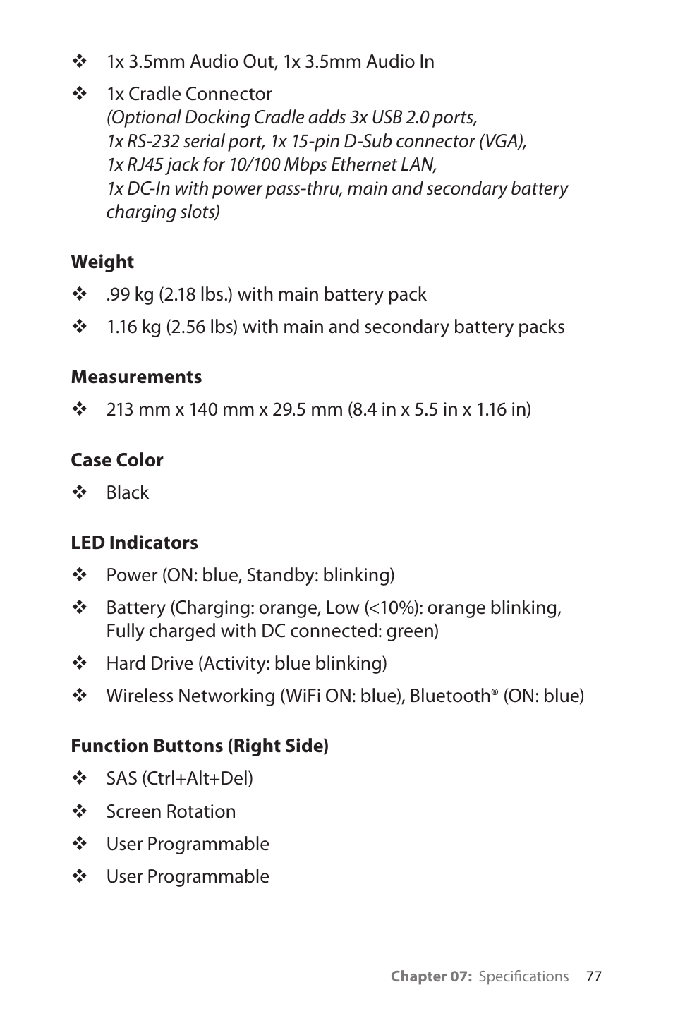 Weight, Measurements, Case color | Led indicators, Function buttons (right side), Control switches (top) | TabletKiosk eo a7330 Ultra-Mobile User Manual | Page 92 / 96