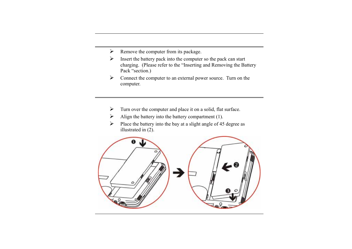 Setting up the computer, Inserting and removing the battery pack, Inserting the battery pack | TabletKiosk Sahara i200 Series Tablet PC (Pen) User Manual | Page 30 / 92
