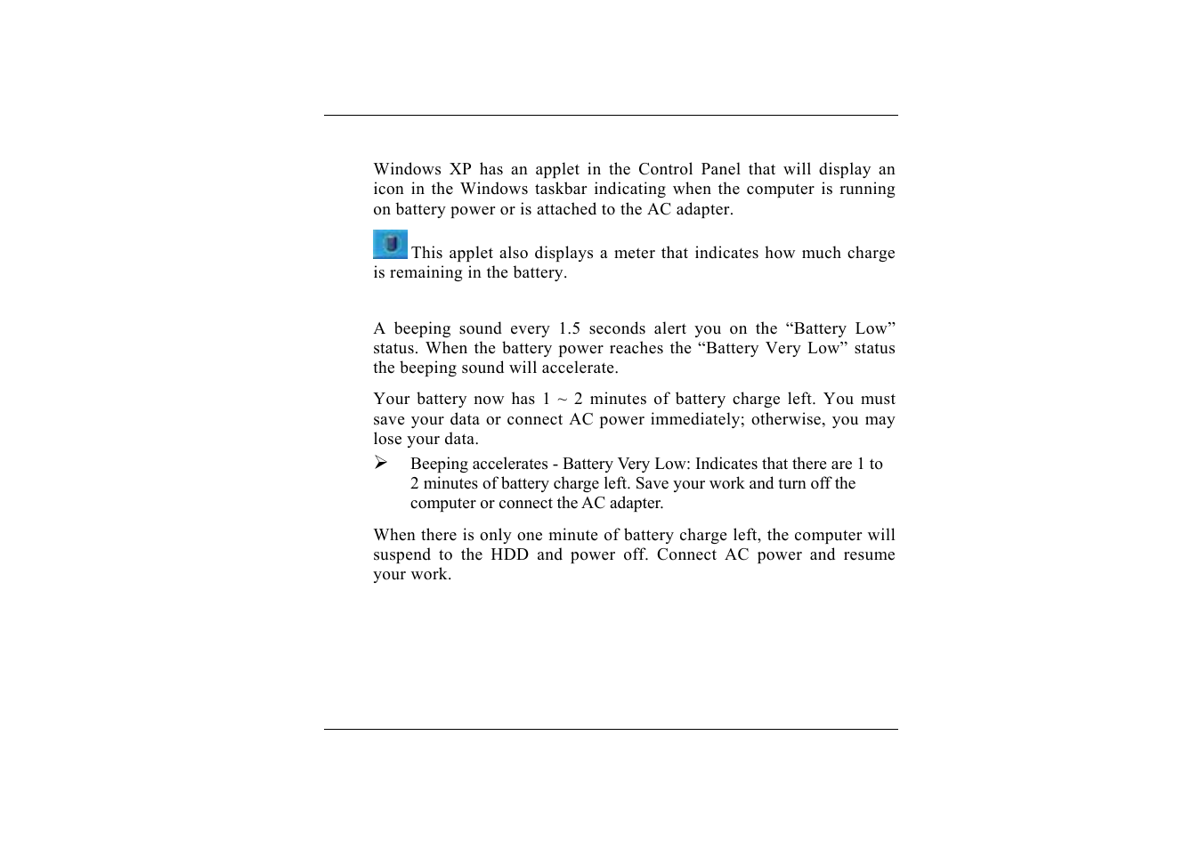 Battery status, Battery low warning | TabletKiosk Sahara i200 Series Tablet PC (Pen) User Manual | Page 39 / 92