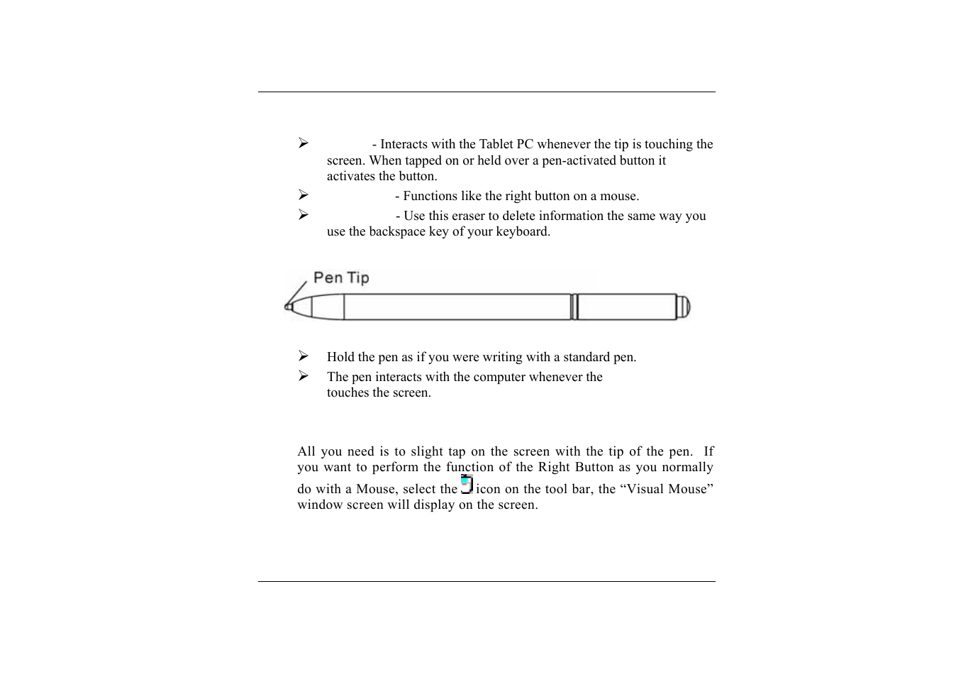 Pen components, Ordinary pen, Performing the functions of a mouse with the pen | TabletKiosk Sahara i200 Series Tablet PC (Pen) User Manual | Page 43 / 92
