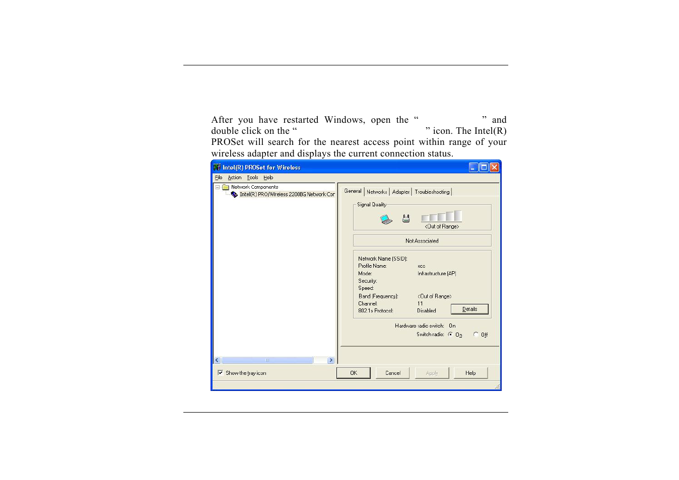 Wireless utility, Intel(r) proset application for wirelss | TabletKiosk Sahara i200 Series Tablet PC (Pen) User Manual | Page 63 / 92