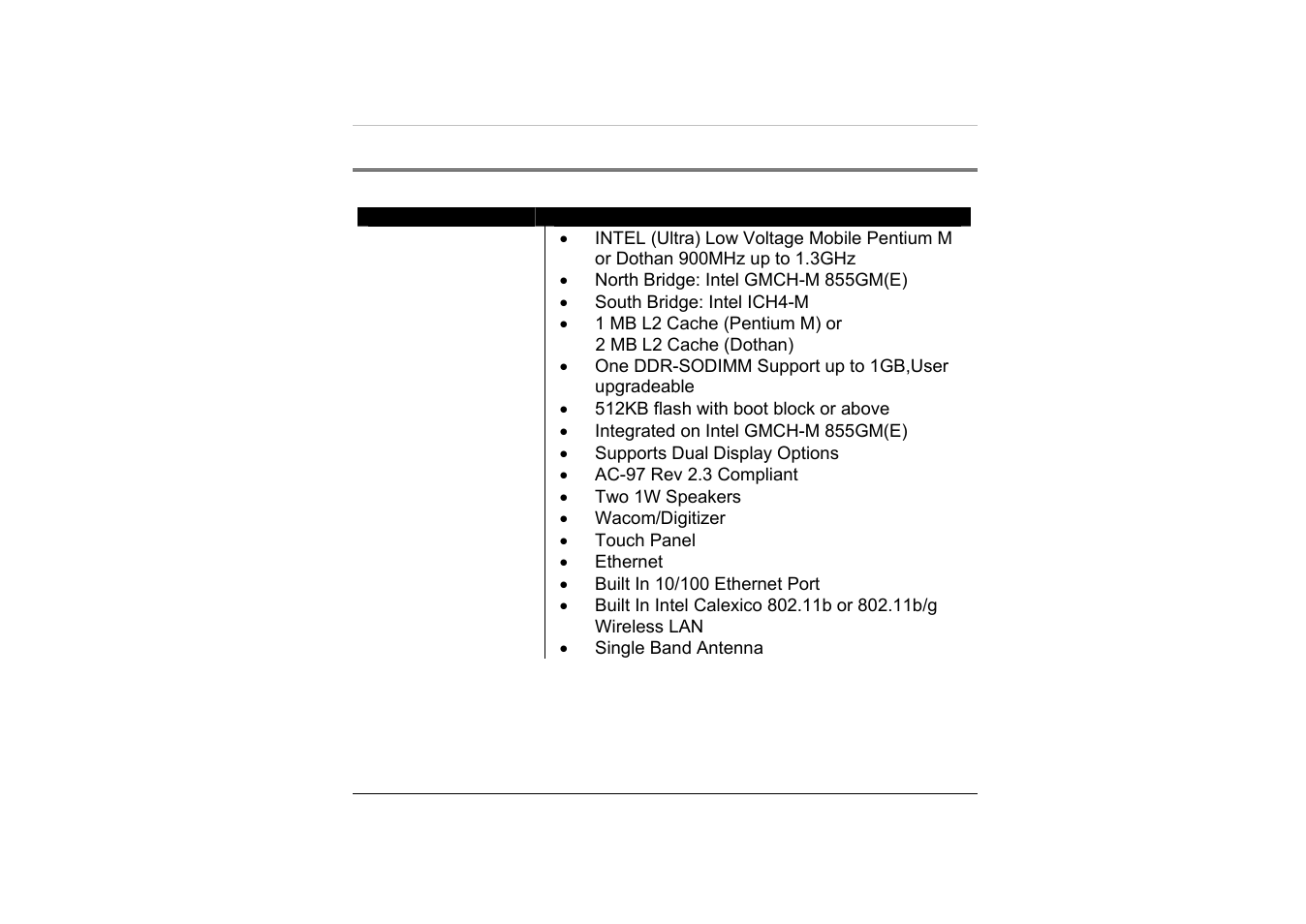Detailed specifications | TabletKiosk Sahara i200 Series Tablet PC (Pen) User Manual | Page 90 / 92