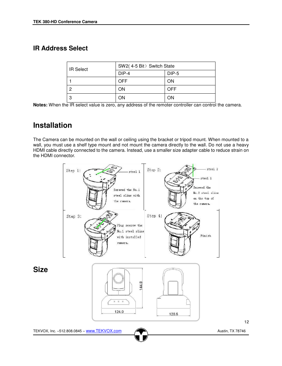 Ir address select, Installation, Size | Installation size | TEKVOX 380-HD Camera User Manual | Page 13 / 18