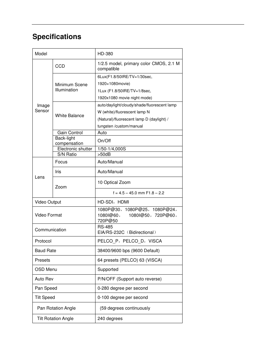 Specifications | TEKVOX 380-HD Camera User Manual | Page 14 / 18