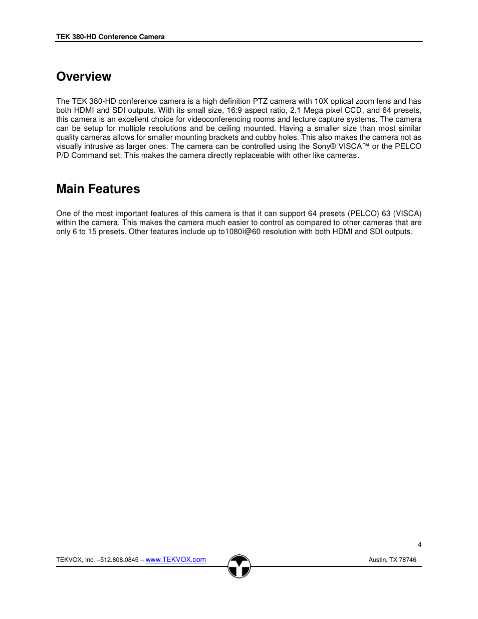 Overview, Main features, Overview main features | TEKVOX 380-HD Camera User Manual | Page 5 / 18