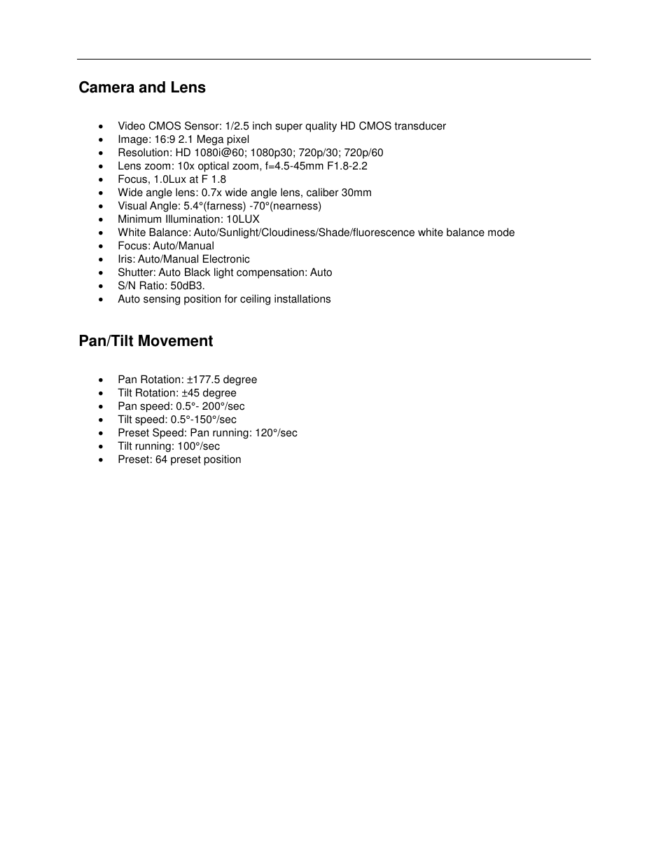 Camera and lens, Pan/tilt movement, Camera and lens pan/tilt movement | TEKVOX 380-HD Camera User Manual | Page 6 / 18