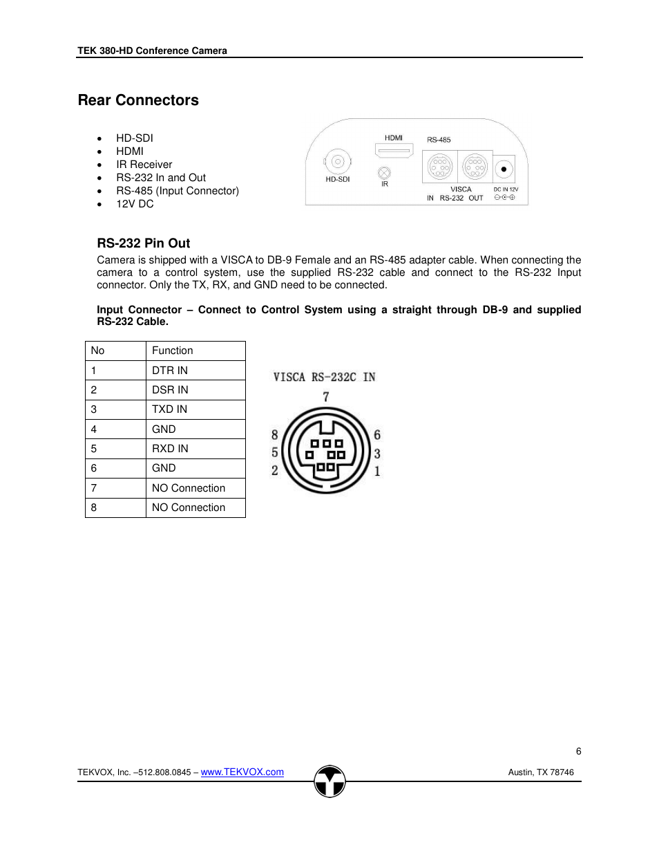 Rear connectors, Rs-232 pin out | TEKVOX 380-HD Camera User Manual | Page 7 / 18