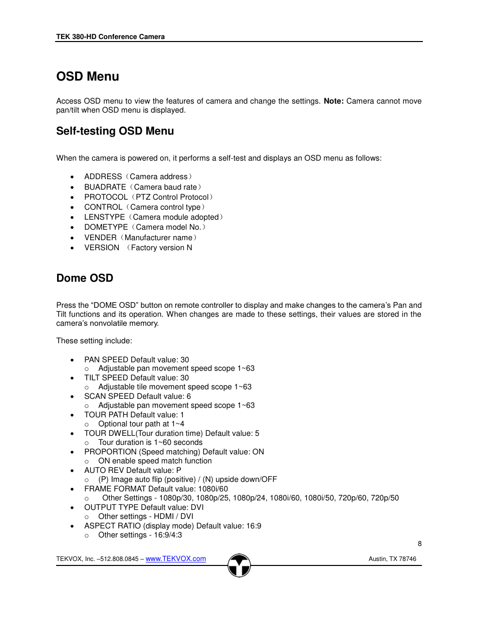 Osd menu, Self-testing osd menu, Dome osd | Self-testing osd menu dome osd | TEKVOX 380-HD Camera User Manual | Page 9 / 18