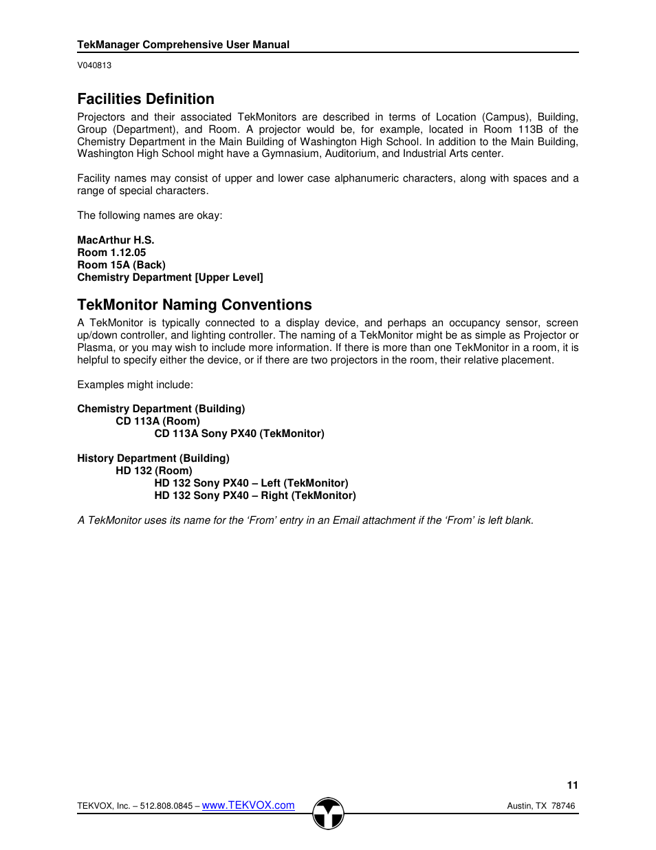 Facilities definition, Tekmonitor naming conventions | TEKVOX TekManager Comprehensive User Manual | Page 11 / 51