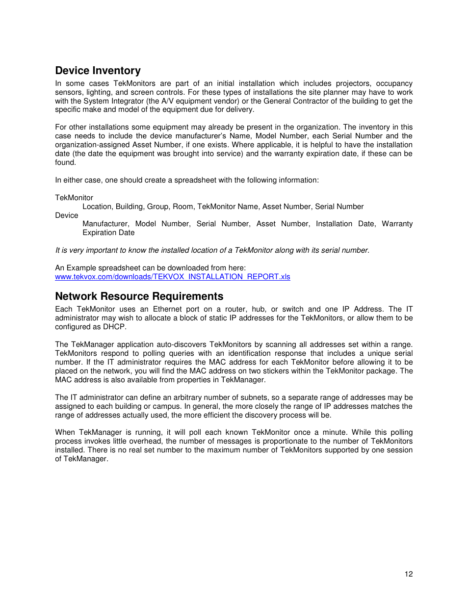 Device inventory, Network resource requirements | TEKVOX TekManager Comprehensive User Manual | Page 12 / 51