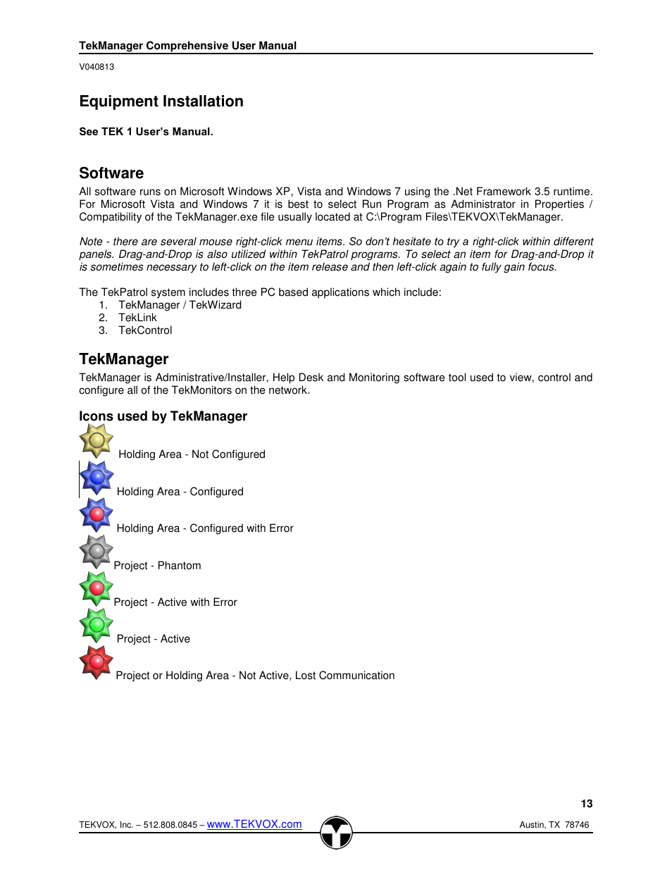 Equipment installation, See tek 1 user’s manual, Software | Tekmanager, Icons used by tekmanager, See te, K 1 user’s manual | TEKVOX TekManager Comprehensive User Manual | Page 13 / 51