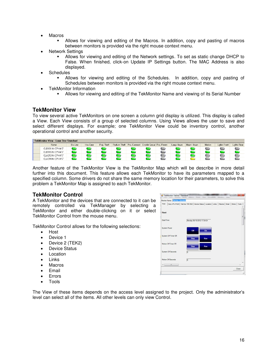 Tekmonitor view, Tekmonitor control | TEKVOX TekManager Comprehensive User Manual | Page 16 / 51