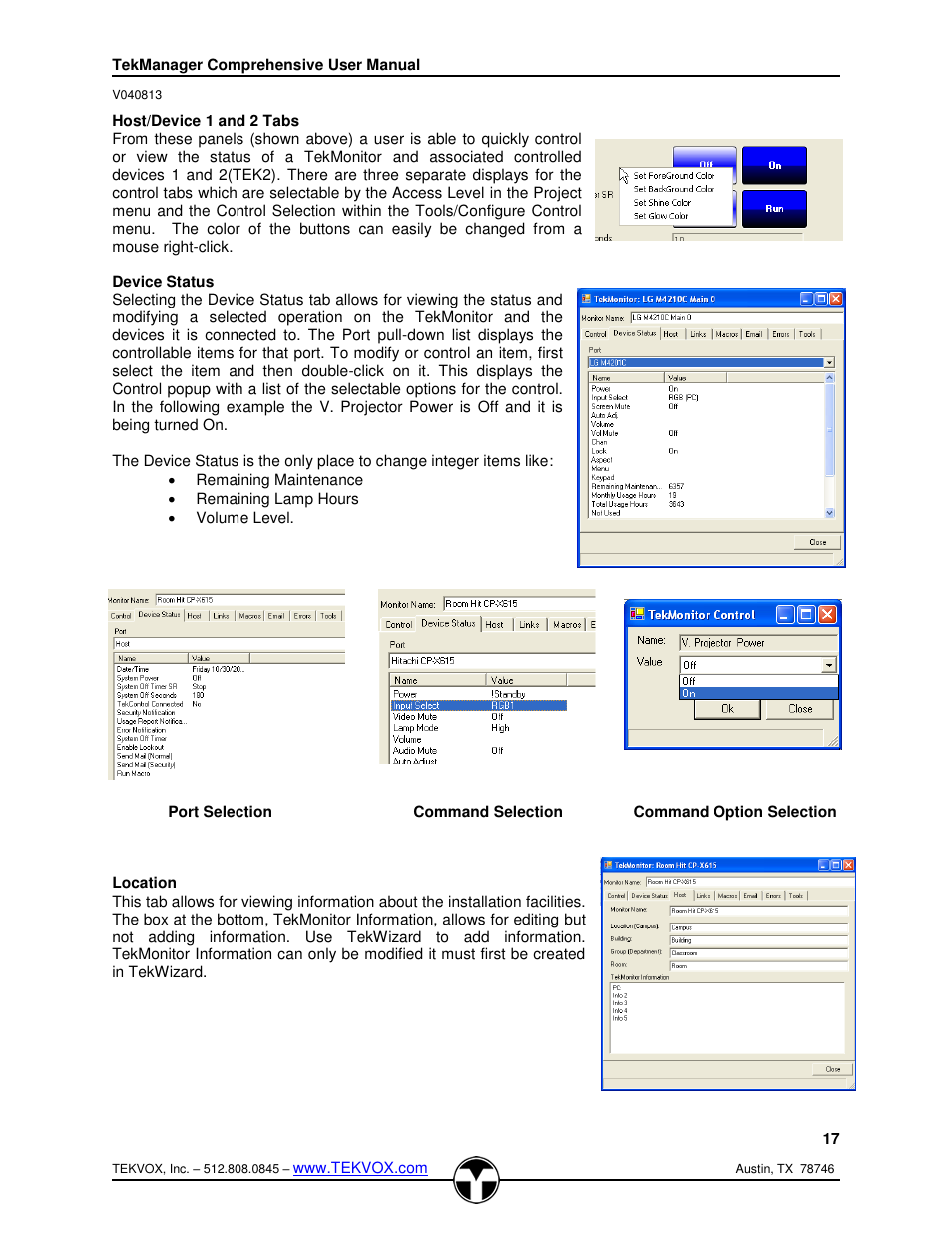 Host/device 1 and 2 tabs, Device status, Location | TEKVOX TekManager Comprehensive User Manual | Page 17 / 51